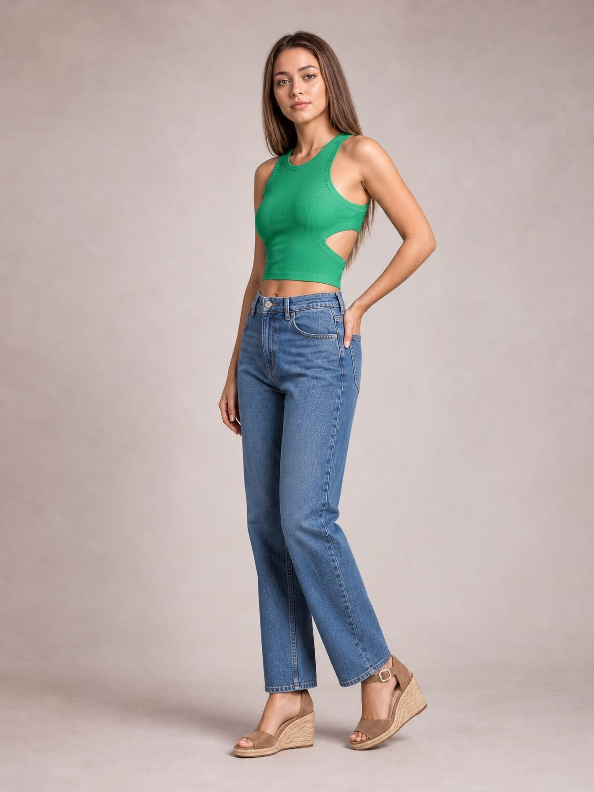 Model poses in a green cutout round neck tank with a fitted cropped silhouette, wide shoulder straps, and side waist opening.
