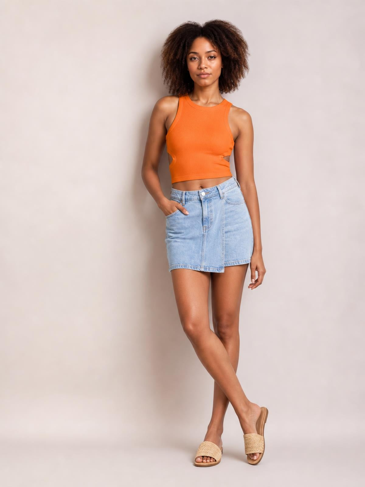 Model poses in an orange cutout round neck tank with a fitted cropped silhouette and ribbed construction.
