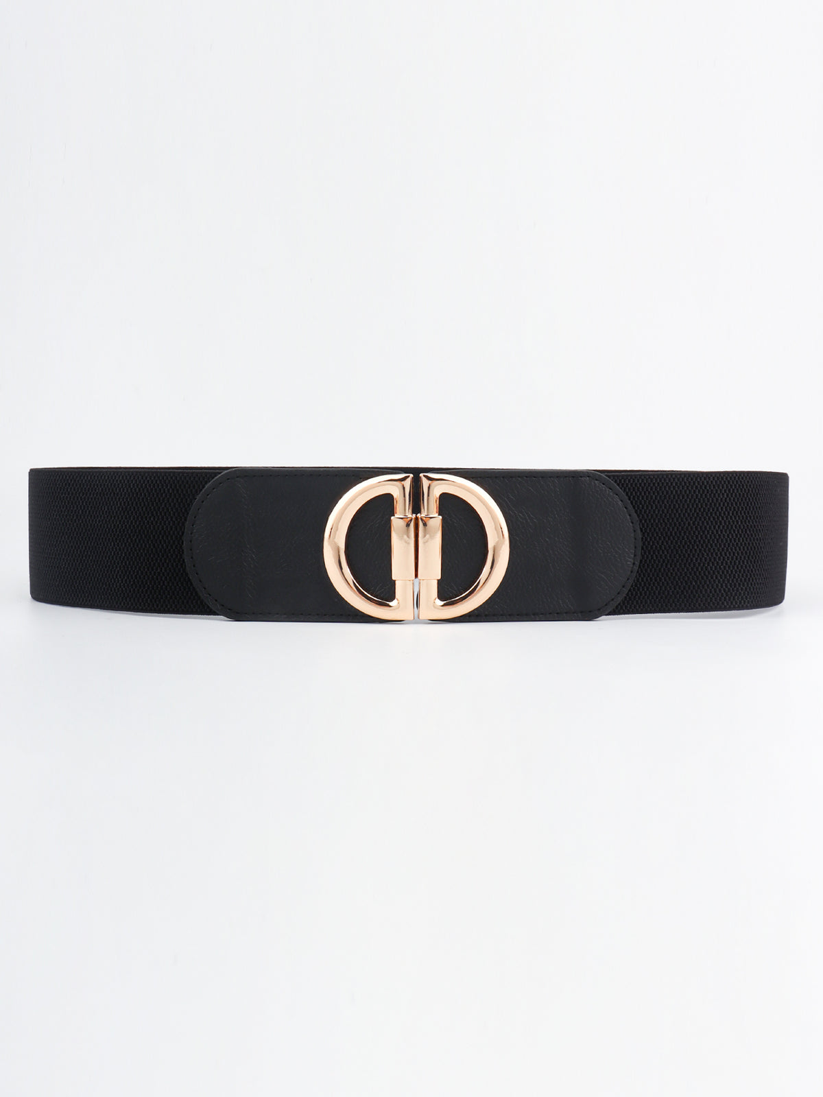 Black wide elastic belt with smooth PU front accents and a polished gold-tone alloy interlocking D buckle in a structured waist-cinching silhouette.