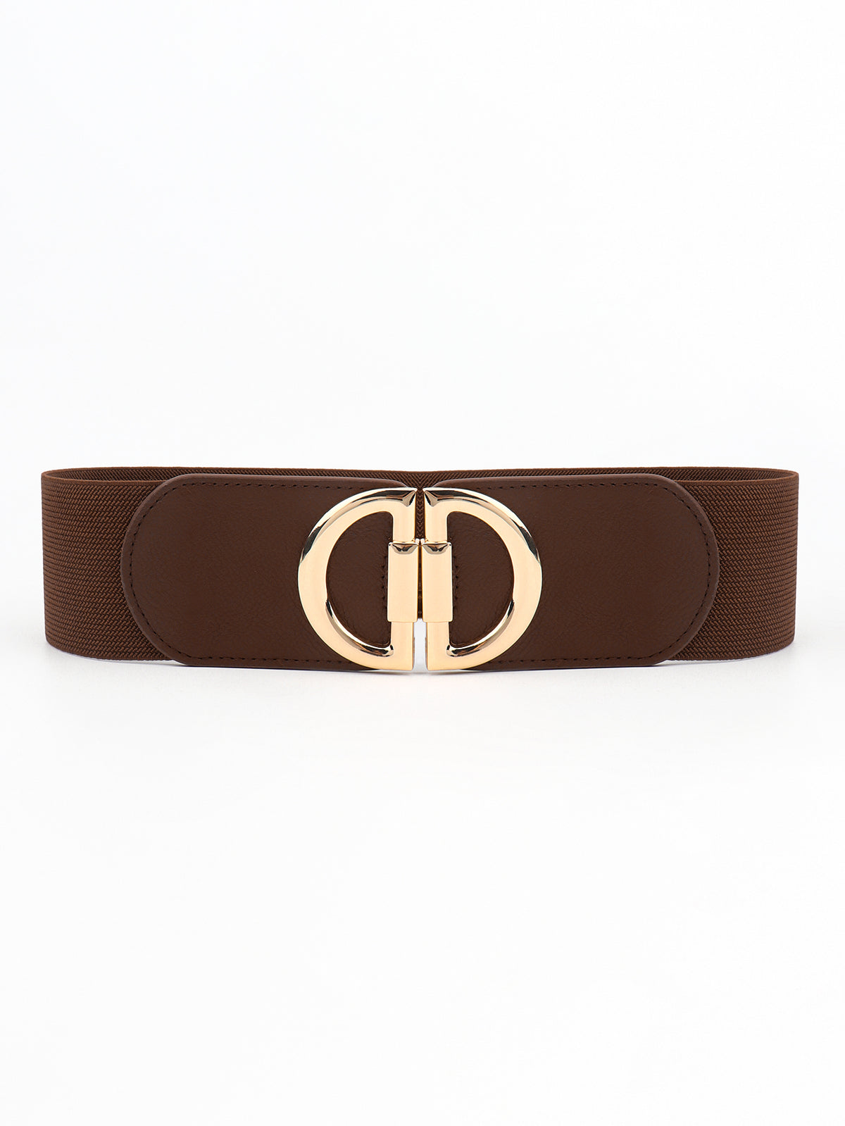 Wide brown elastic belt with smooth PU front panels and a polished gold-tone alloy interlocking D buckle.