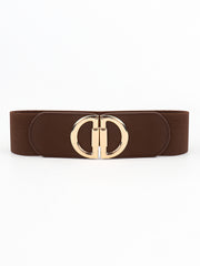 Wide brown elastic belt with smooth PU front panels and a polished gold-tone alloy interlocking D buckle.