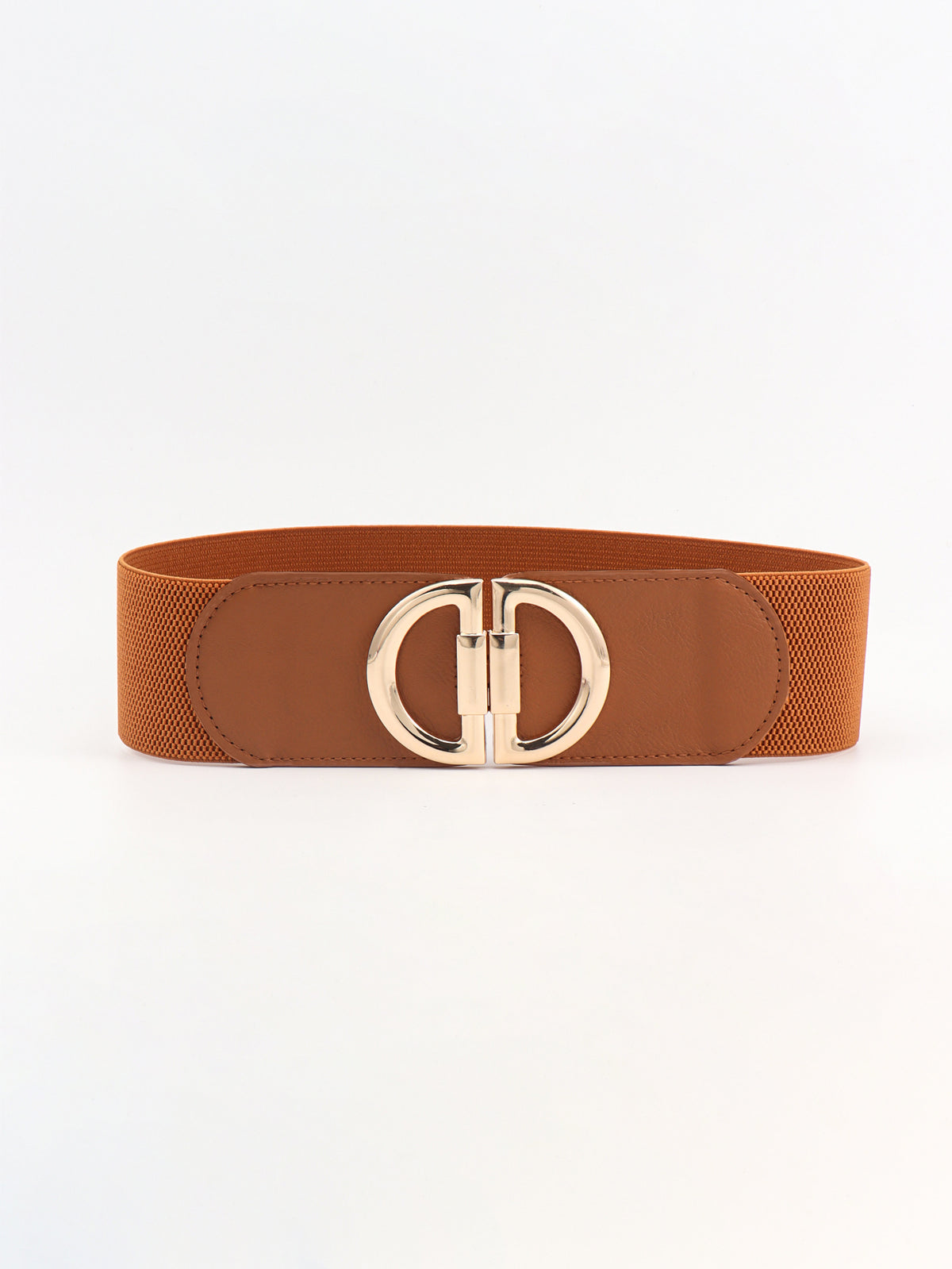 Brown wide elastic belt with smooth PU front panels and a polished alloy interlocking D buckle in a structured waist-cinching silhouette.