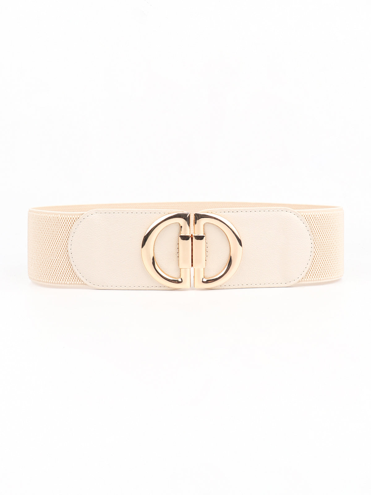 Wide cream elastic belt with smooth PU front panels, rounded edges, visible stitching, and a polished interlocking D-inspired alloy buckle.