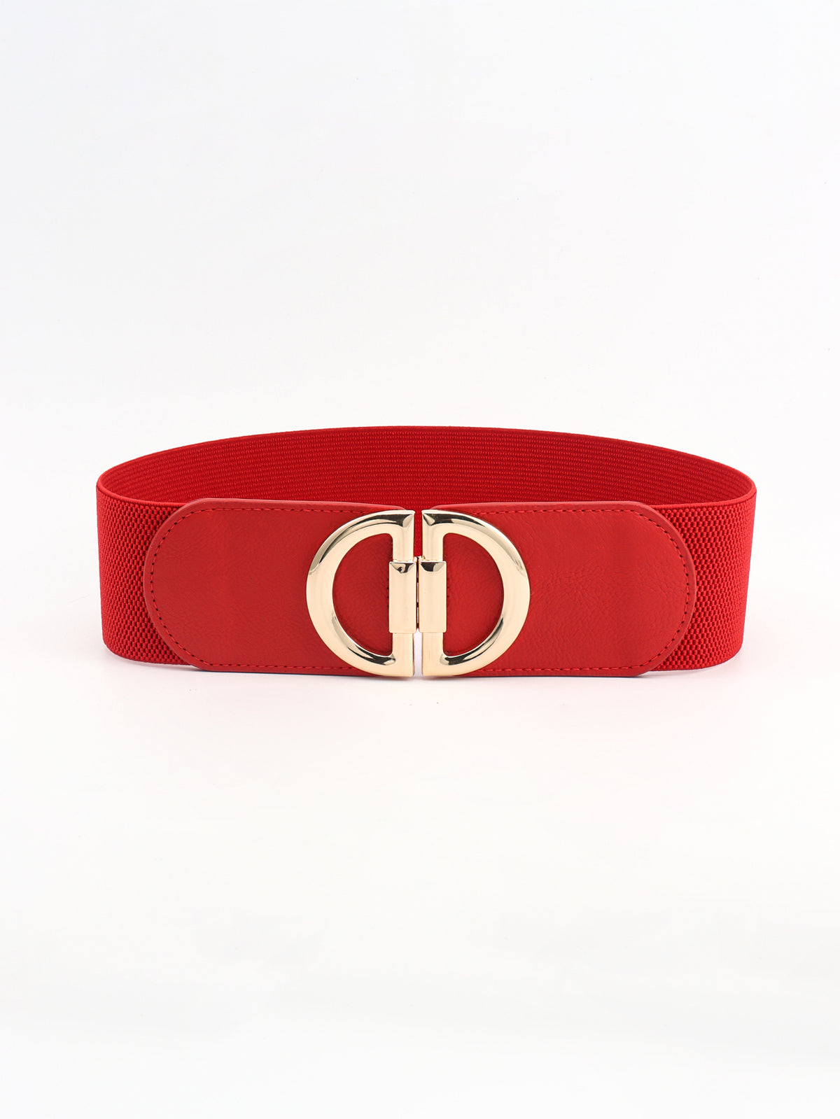 Wide red D Buckle Elastic Belt with a flexible band, smooth PU front accents, stitched edges, and a polished gold-tone alloy interlocking D buckle.
