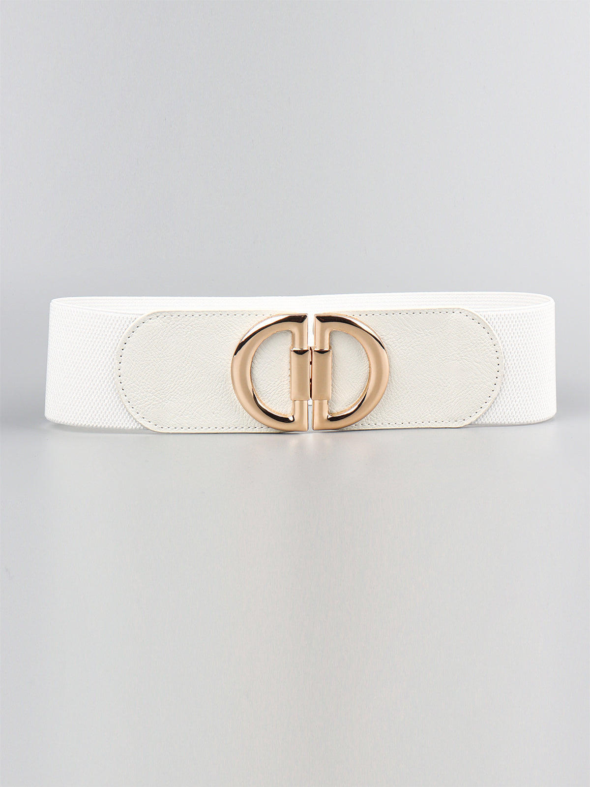 White wide elastic belt with smooth PU front accents and a polished gold-tone alloy interlocking D buckle for a structured, waist-defining silhouette.