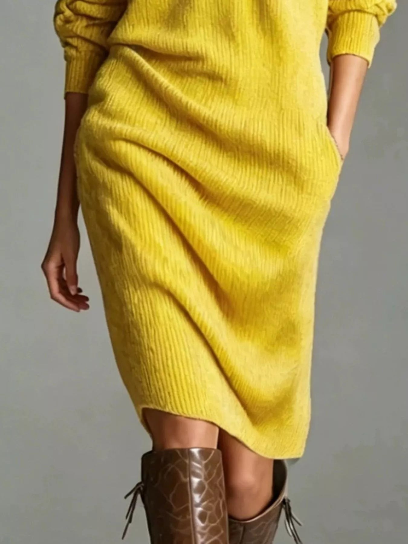 Long-sleeve ribbed knit midi dress with V-neck, half-button front, and side pockets