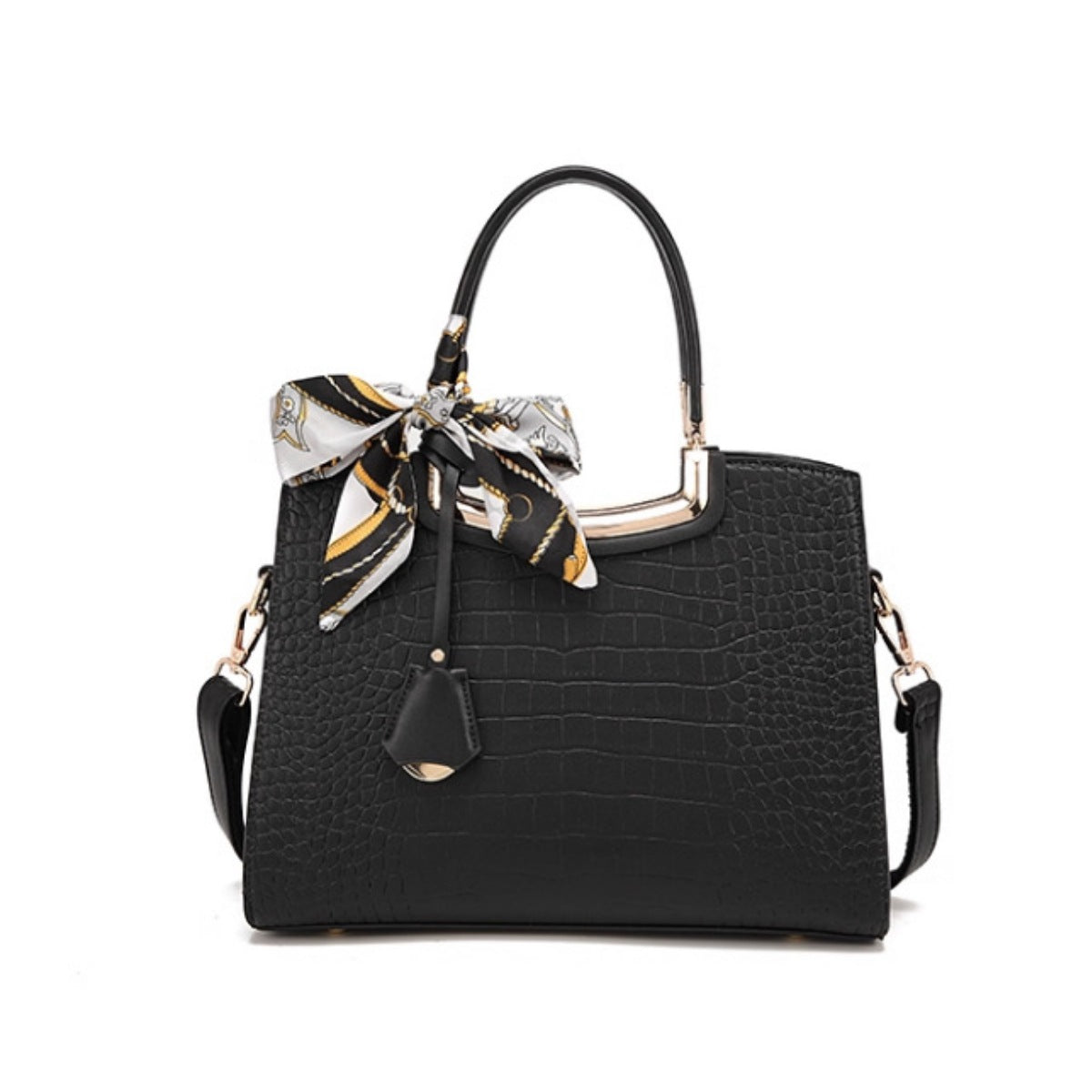 Medium black PU leather handbag with crocodile embossing, structured silhouette, top handle, detachable shoulder strap, gold-tone hardware, and a decorative scarf bow.