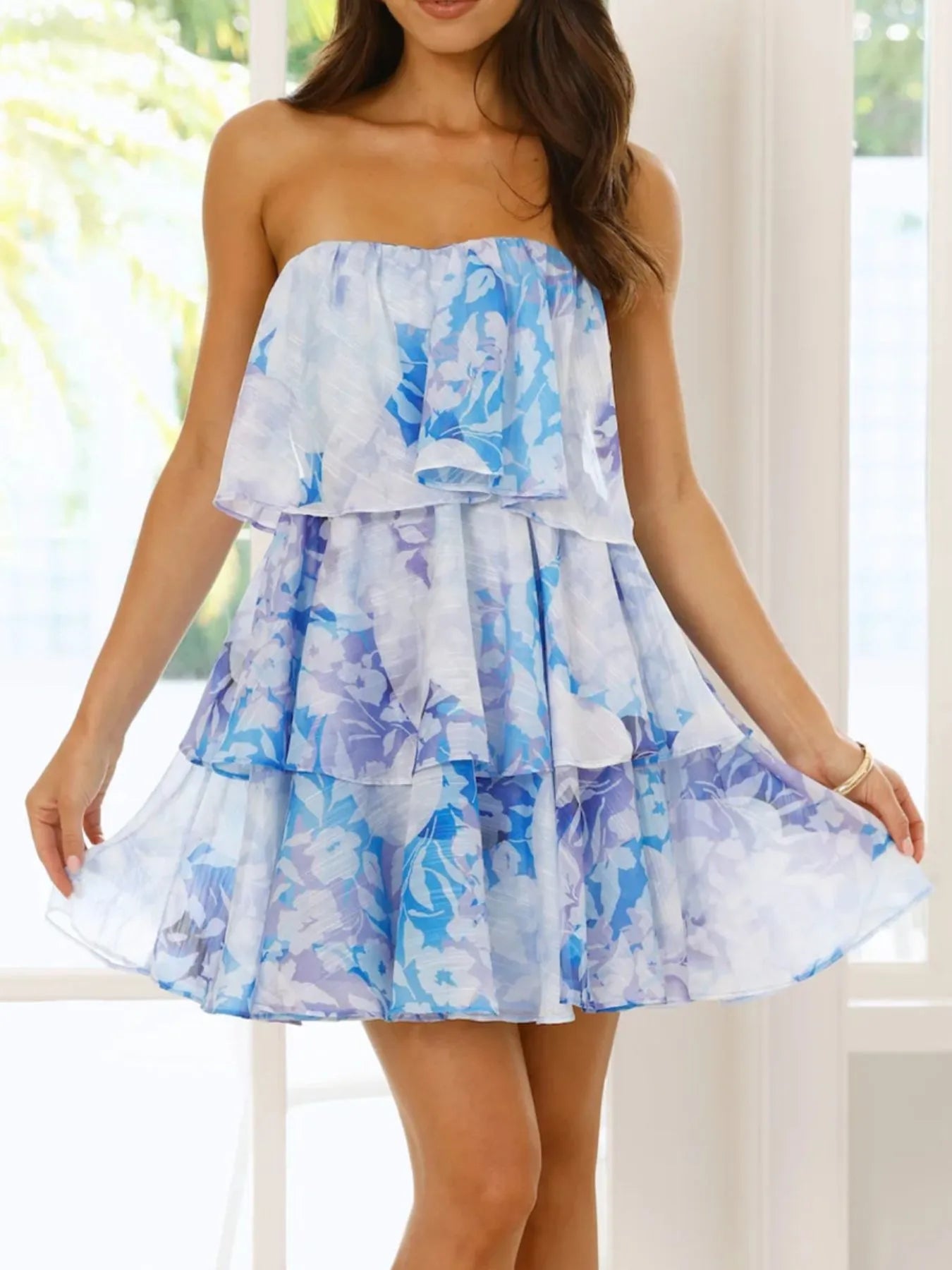 Printed Ruffled Sleeve Mini Dress with Pockets.