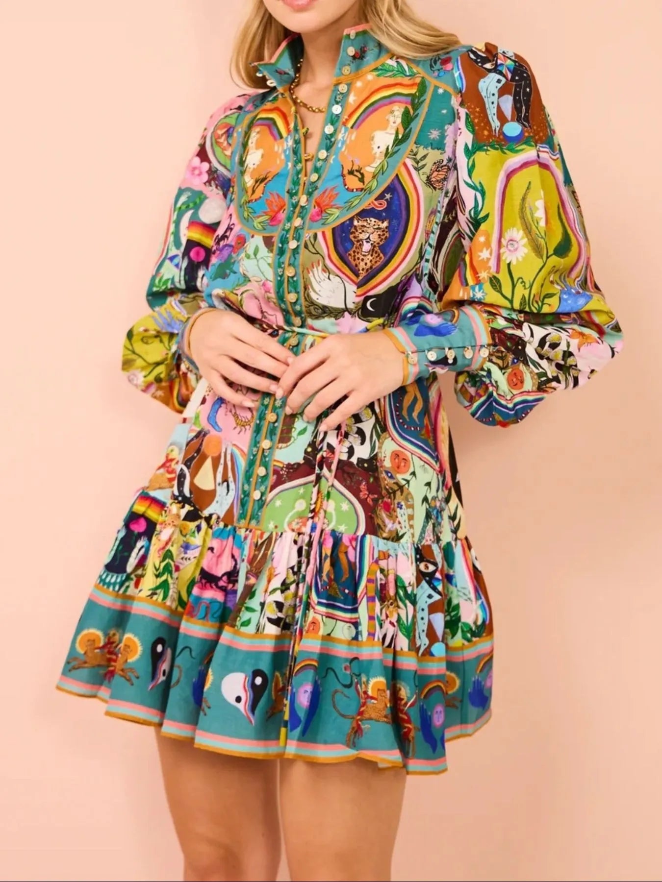 Printed Long Sleeve Shirt Dress with Belt.