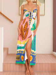 Tie-Dye Tie Waist Wrap Dress with Slit.