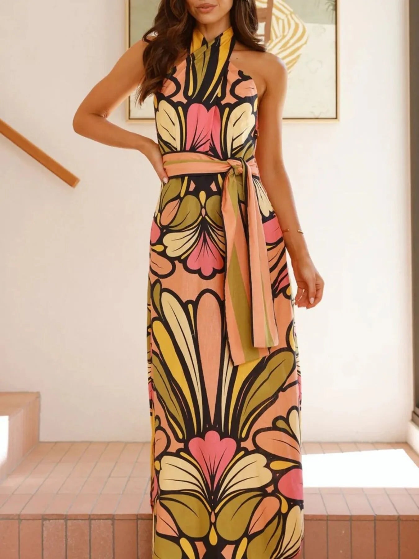 Printed Halter Neck Midi Dress with Ruffles.