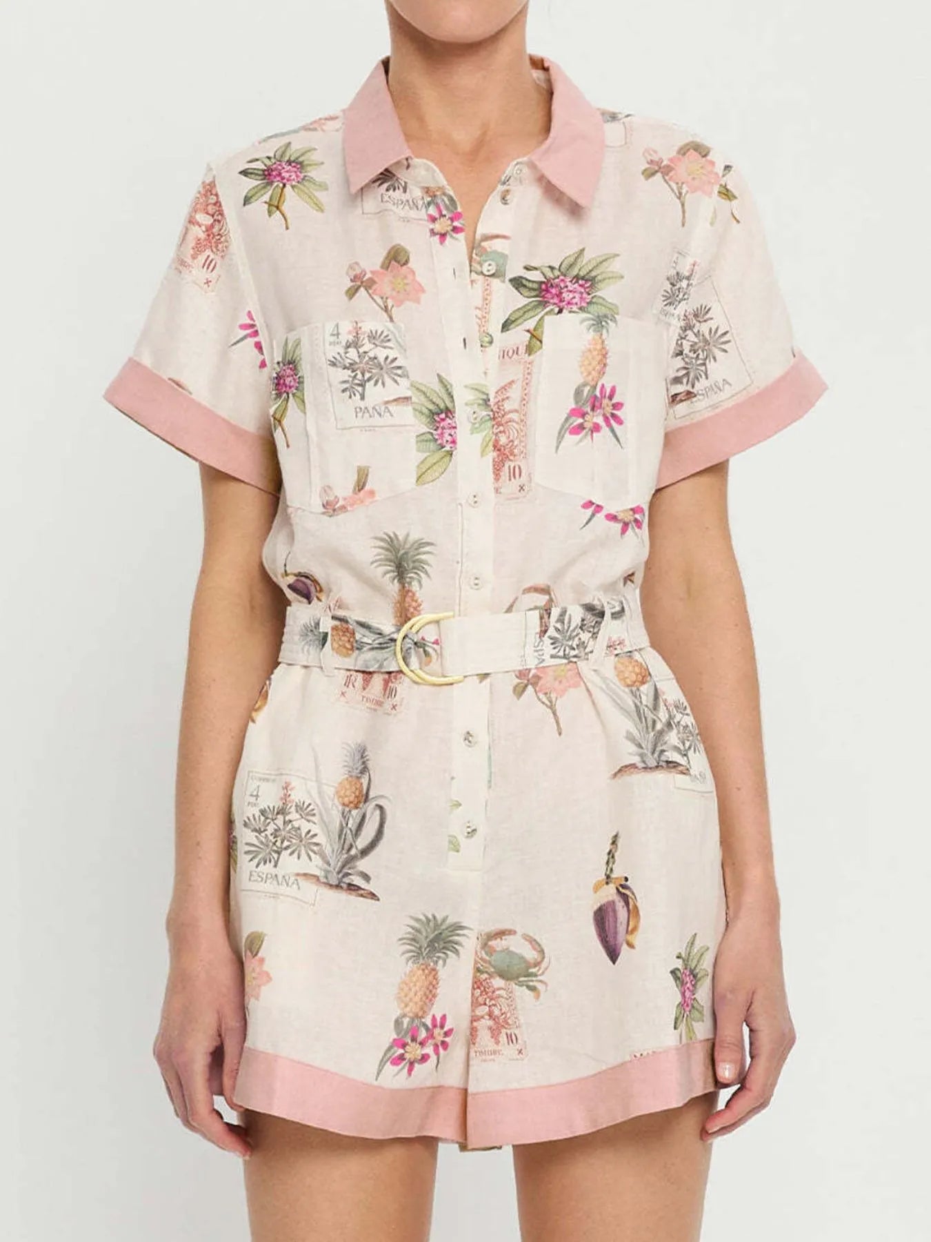 Printed Short Sleeve Romper with Belt and Pockets.