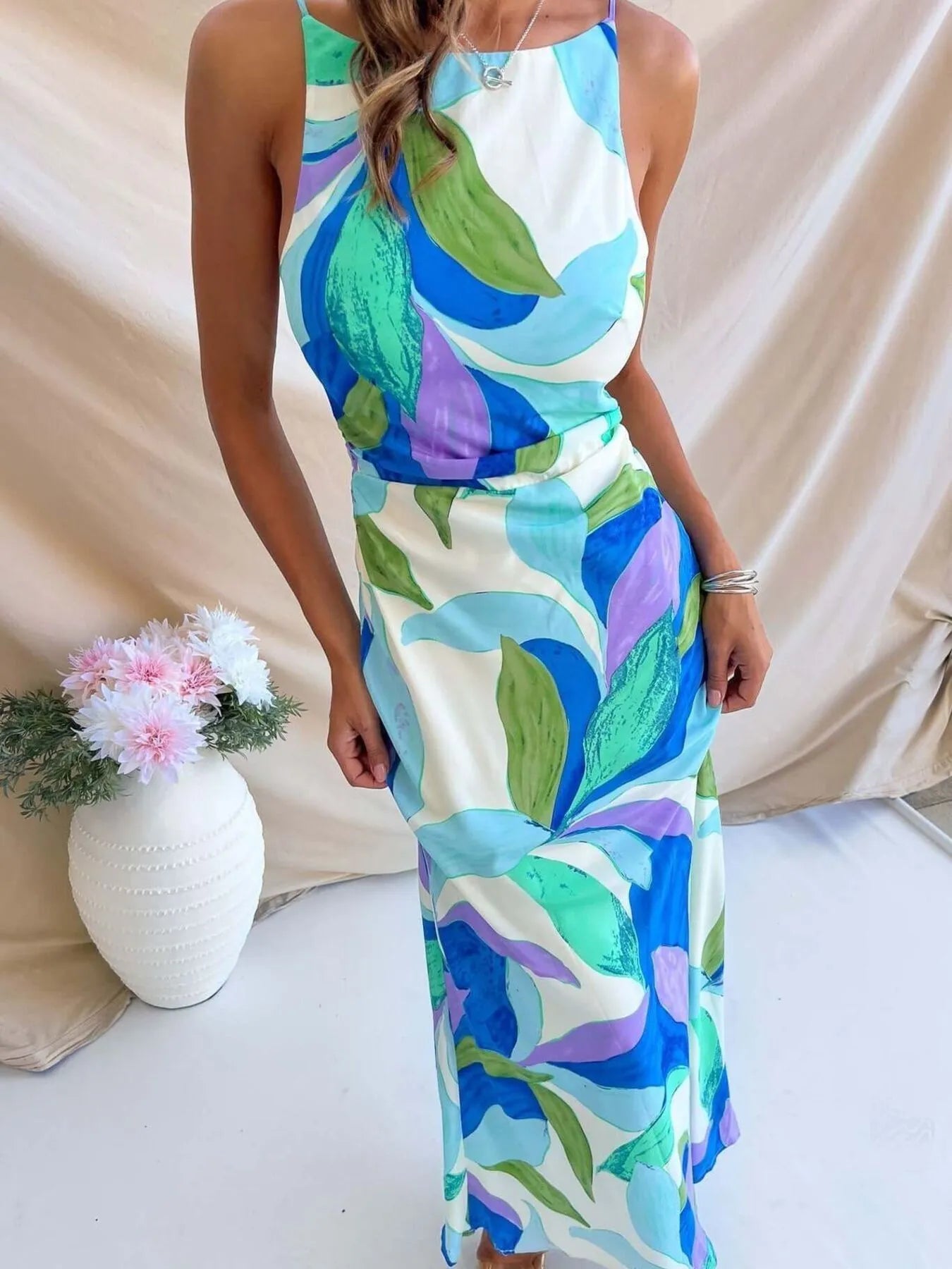 Printed Balloon Sleeve Maxi Shirt Dress with Tie.