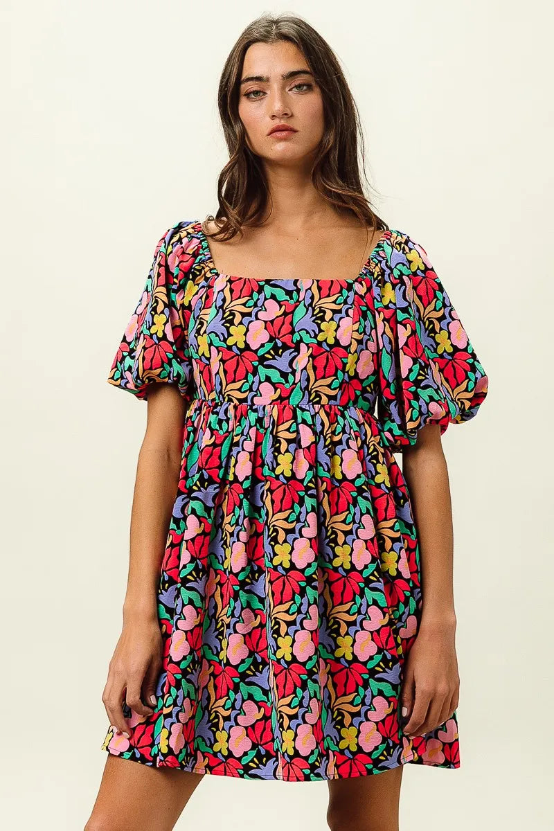 Floral Print Ruffled Hem Dress - Cutout & Tied.