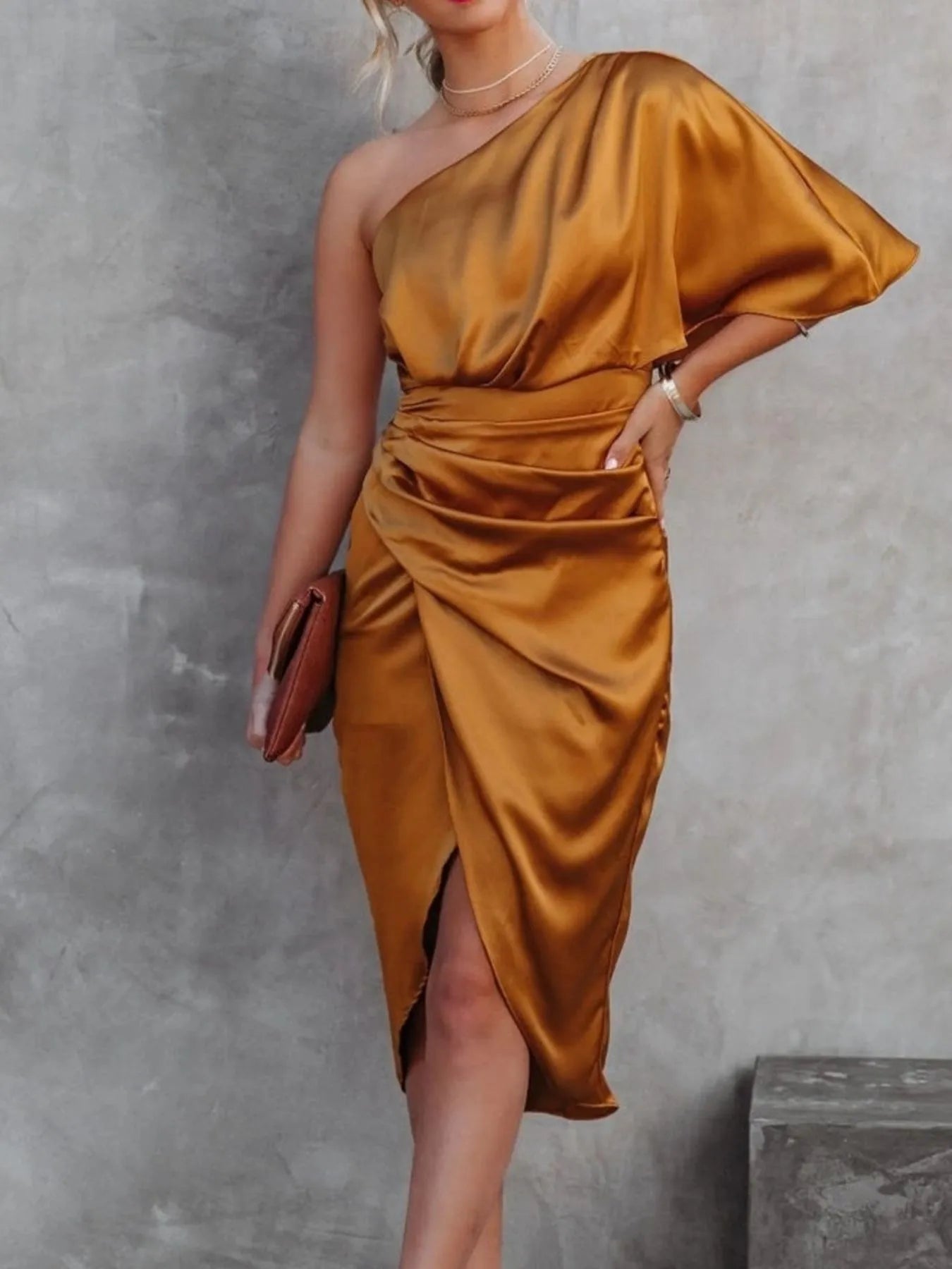 One-Shoulder Wrap Dress with Bow Detail - Belted.