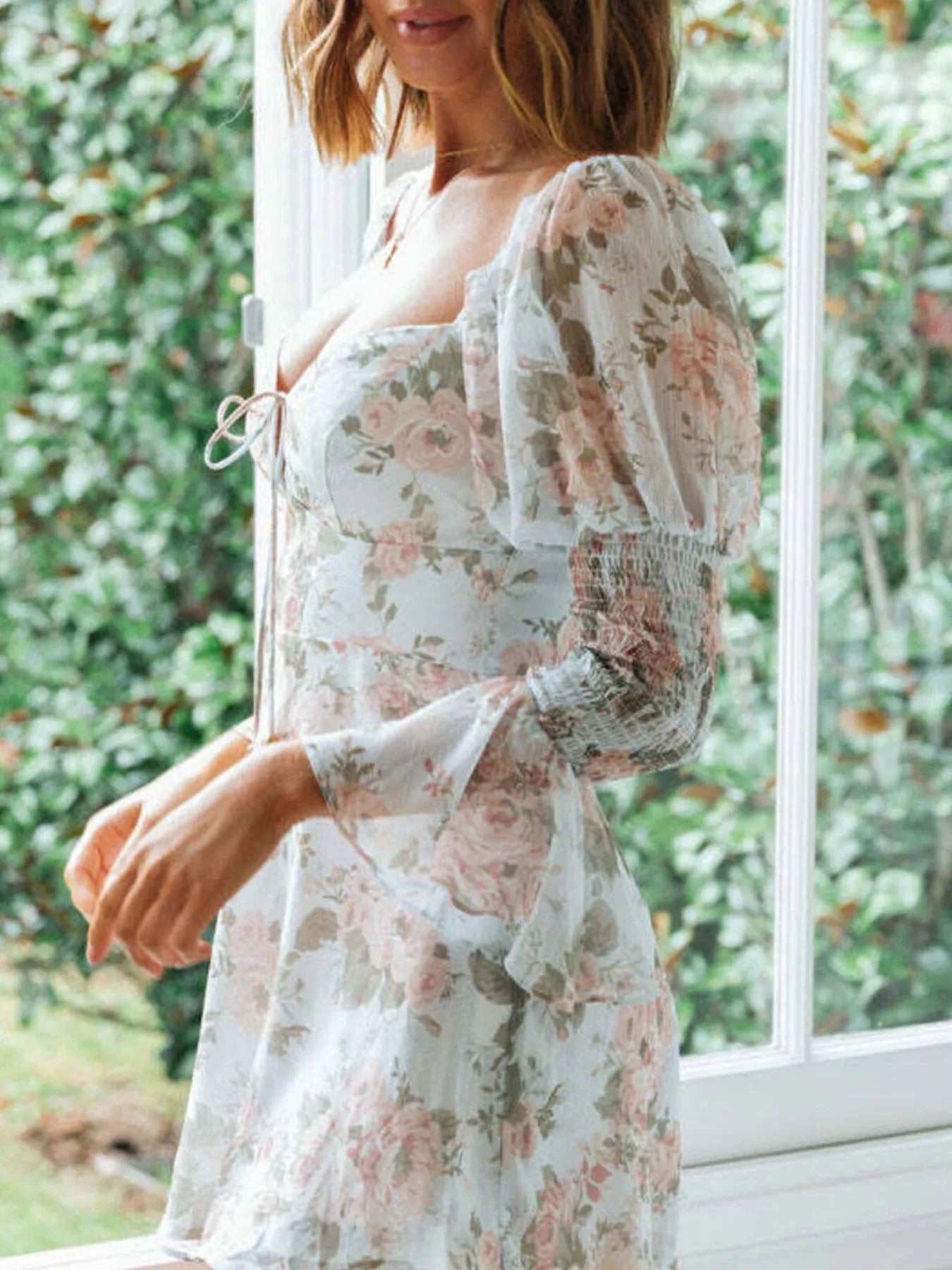 Floral Print Tie Waist Short Sleeve Dress - Buttoned & Tied.