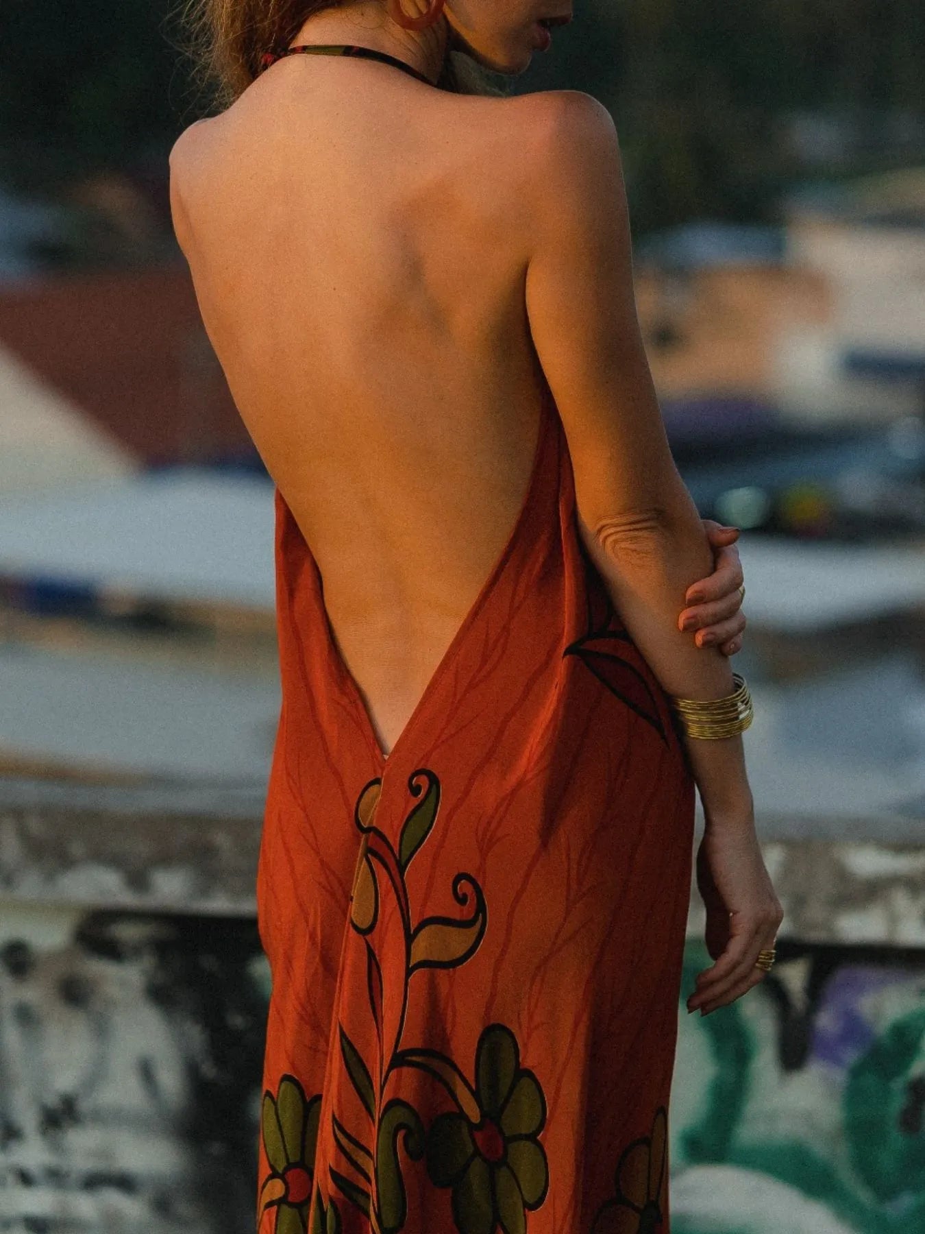 Asymmetrical Hem Printed Halter Neck Dress - Backless.