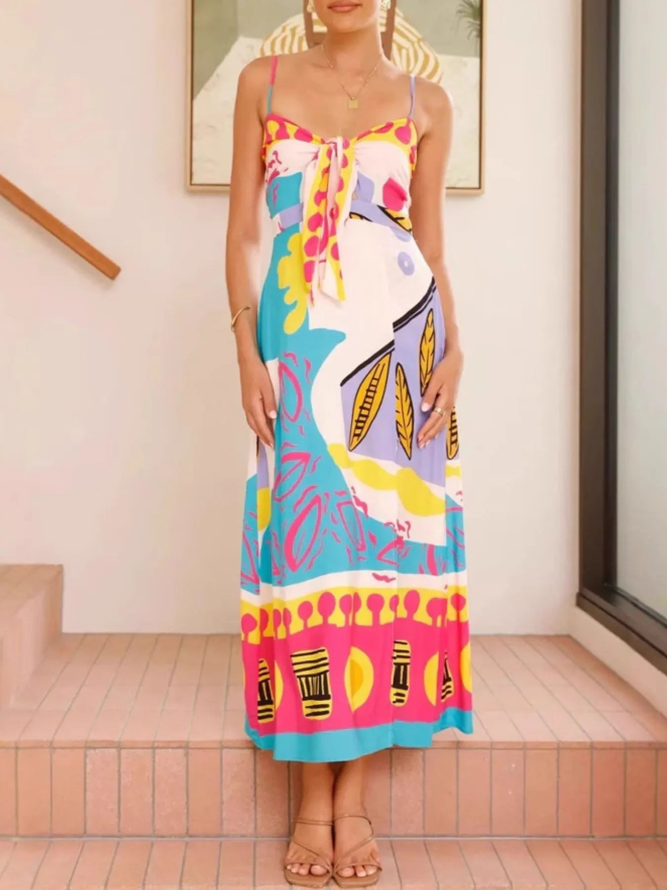 Tie-Dye Tie Waist Wrap Dress with Slit.