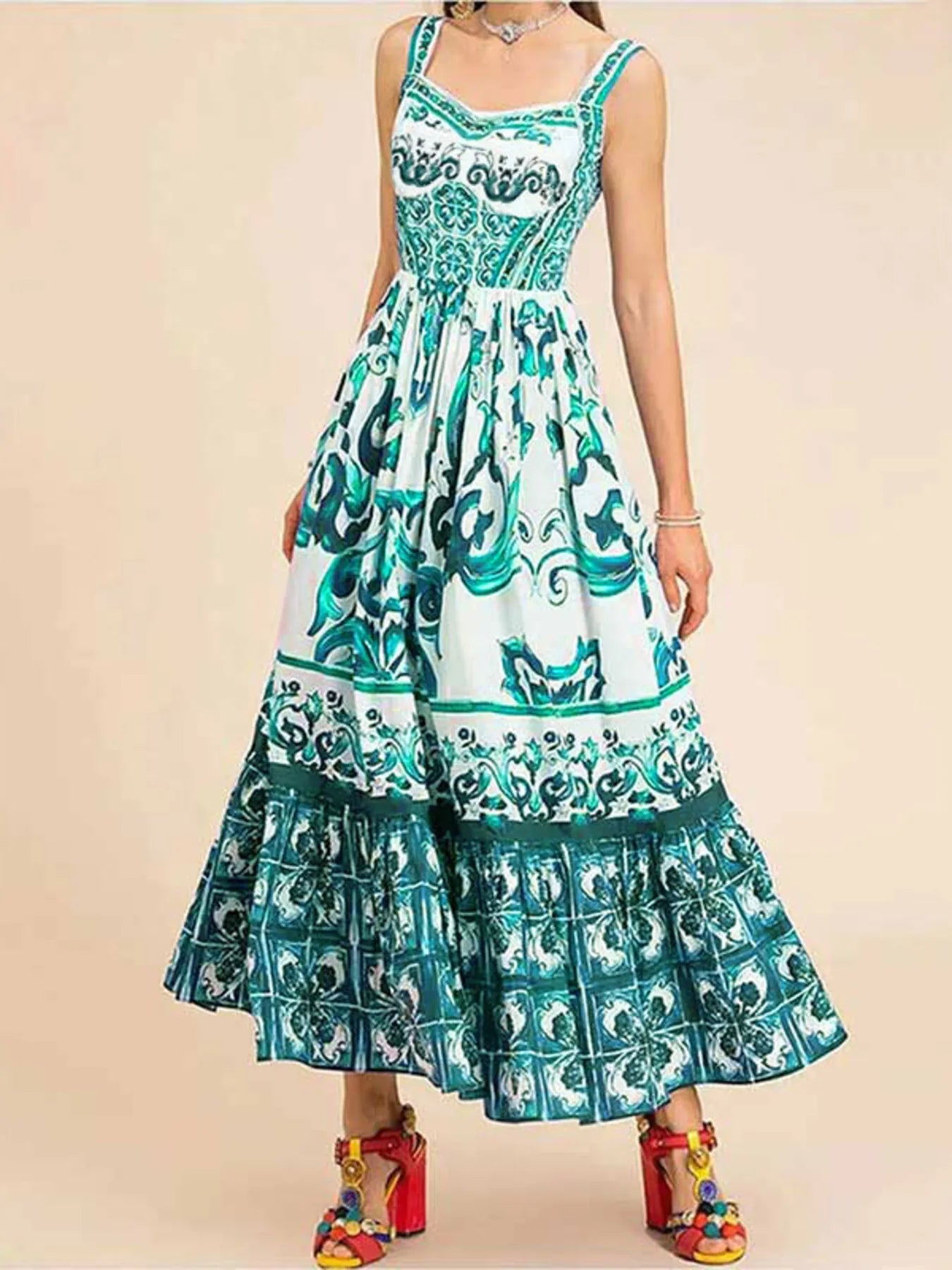 Printed Tie Neck Balloon Sleeve Dress.