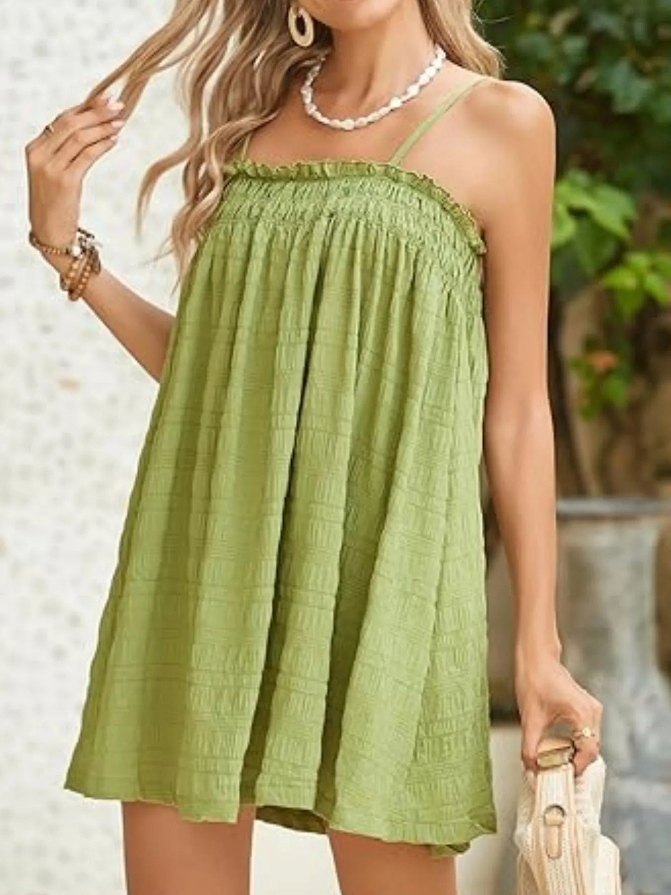 Frill Tiered Tie Shoulder Mini Dress - Lined.