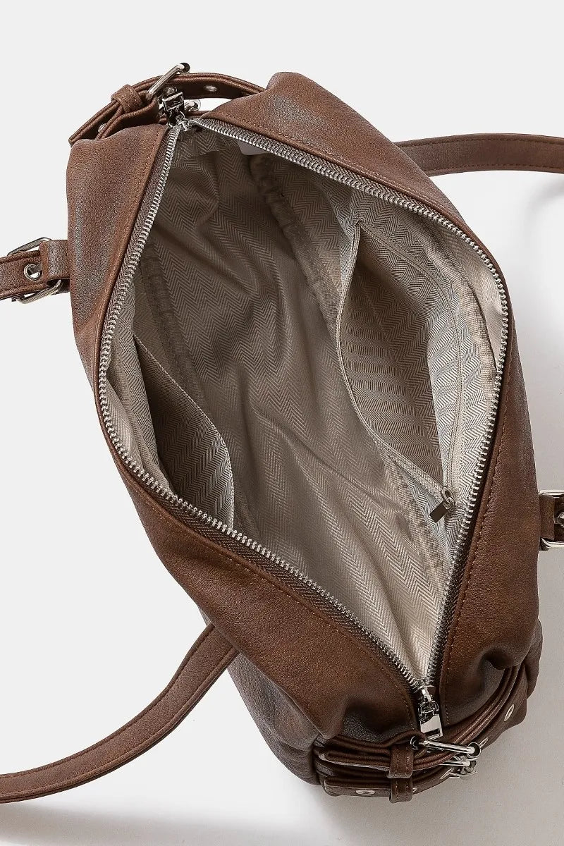 Multi Grommet Belt Strap Rustic Rectangular Hand Bag - Brown.