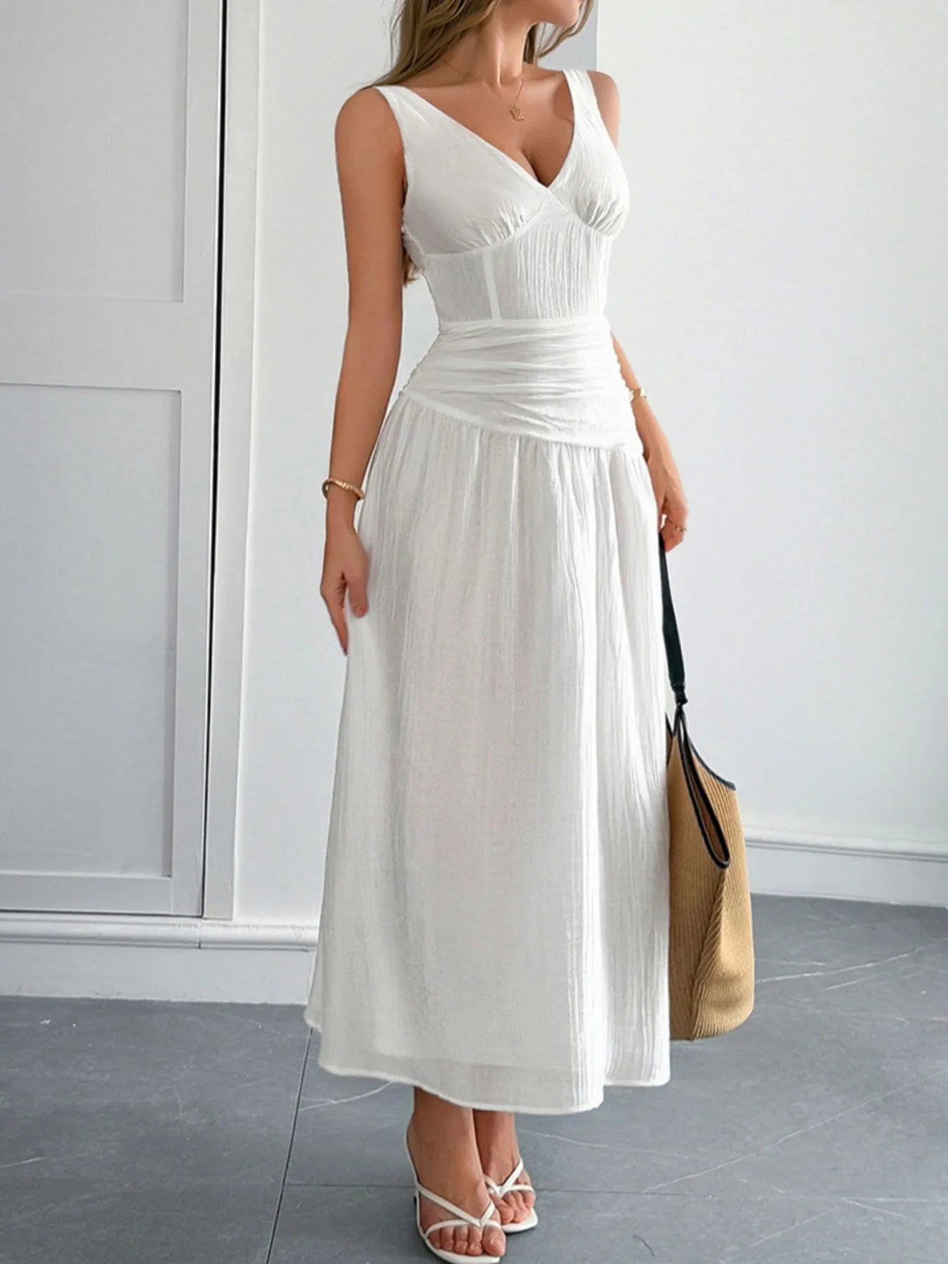 Cutout V-Neck Sleeveless Midi Dress - Ruched.