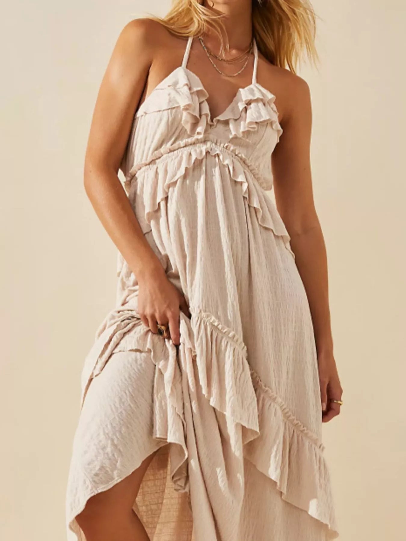 Ruffled Hem Balloon Sleeve Dress - Smocked & Off-Shoulder.