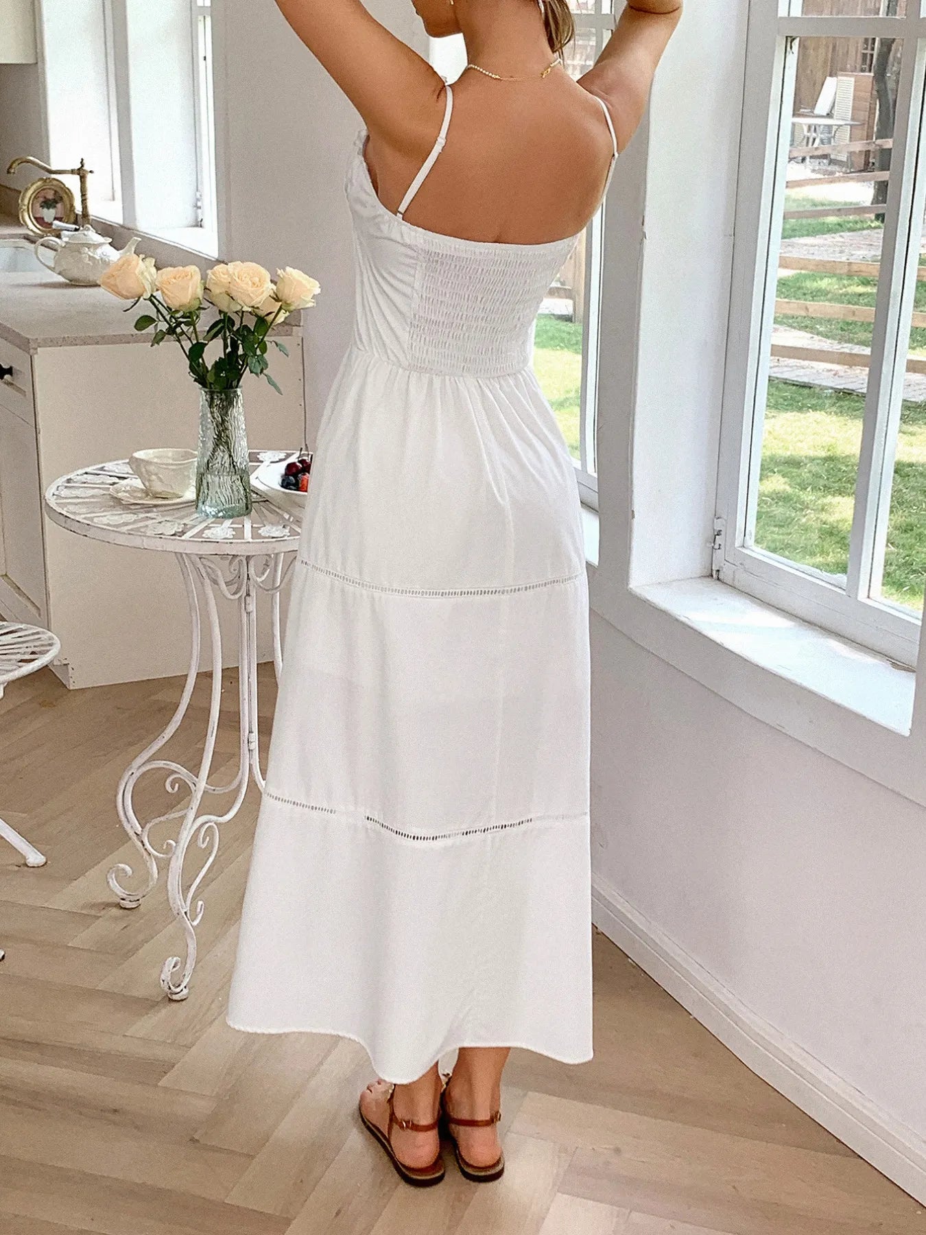 Smocked Crisscross Back Denim Mini Dress - Backless & Tied.