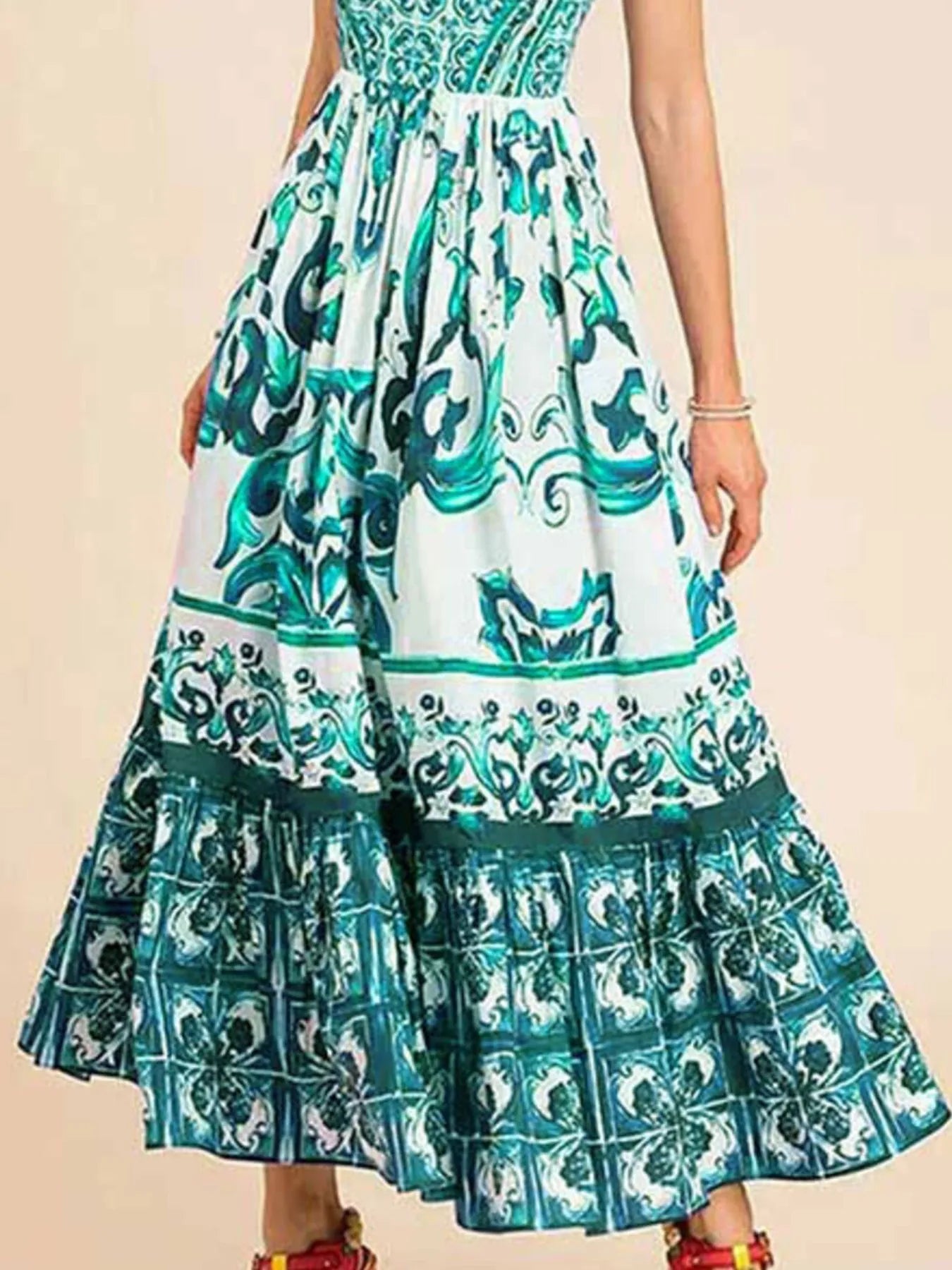 Printed Tie Neck Balloon Sleeve Dress.