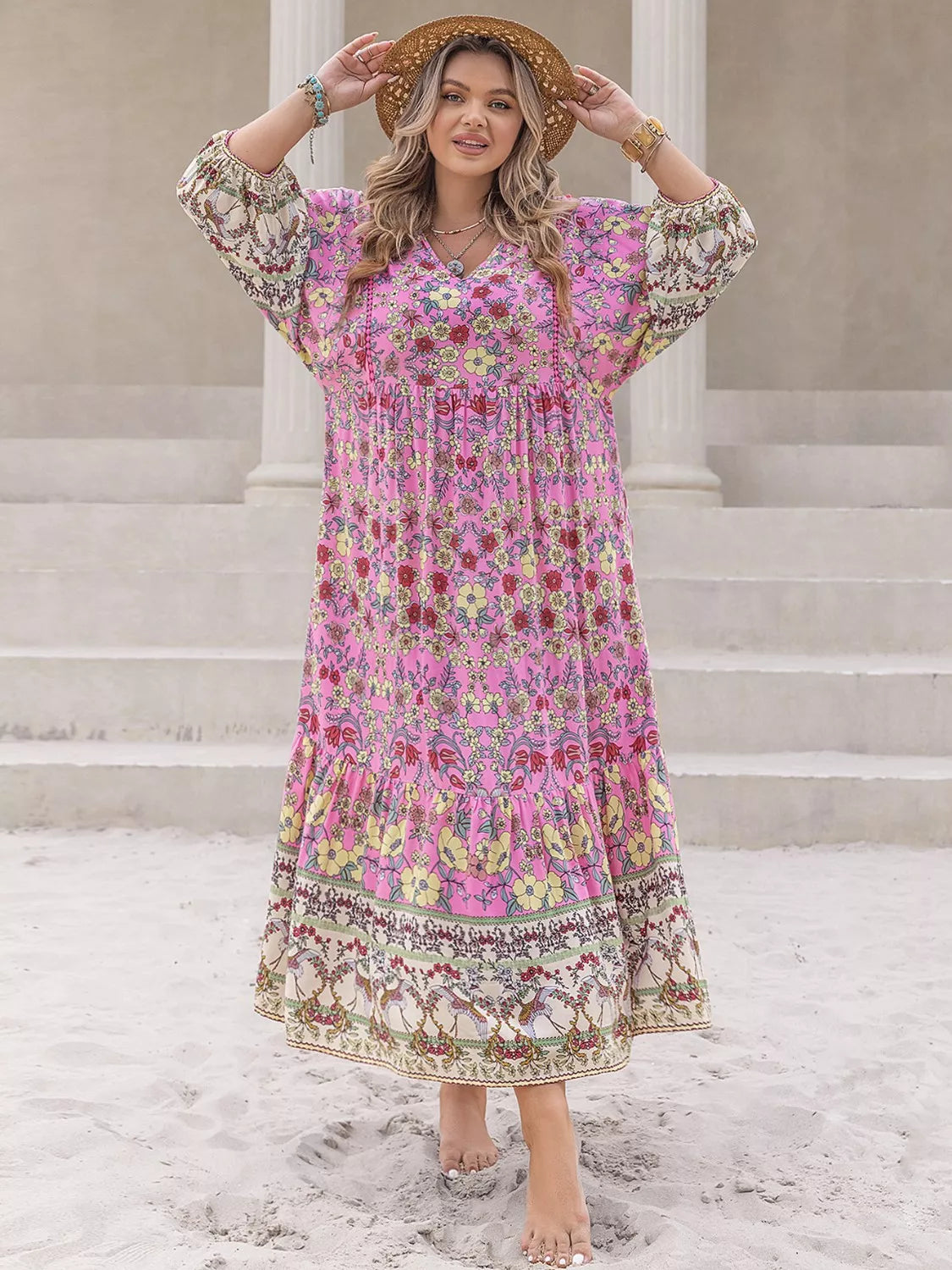 Plus Size Bohemian Floral Tiered Maxi Dress - Basic.