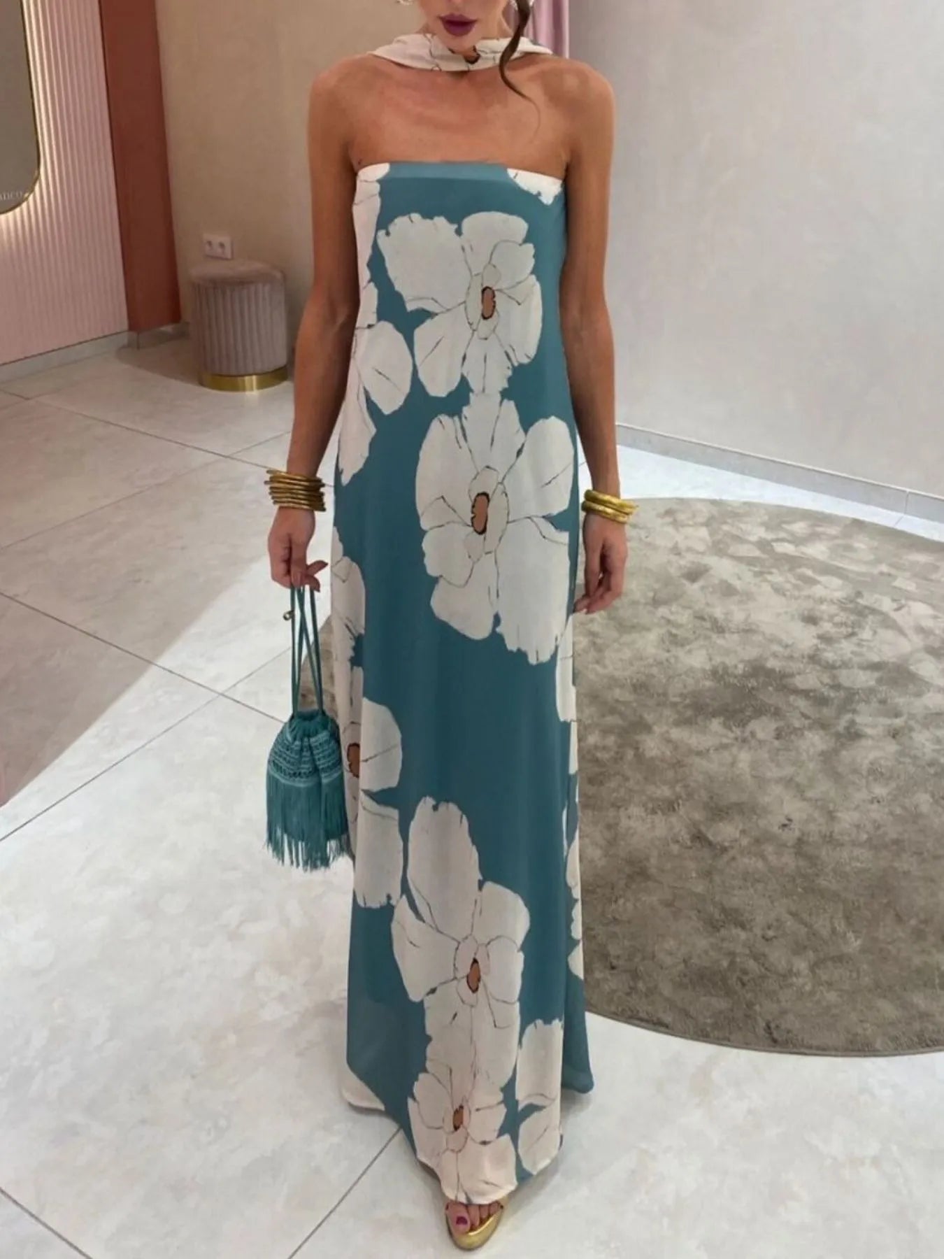 Printed V-Neck Cami Dress - Backless & Cutout.