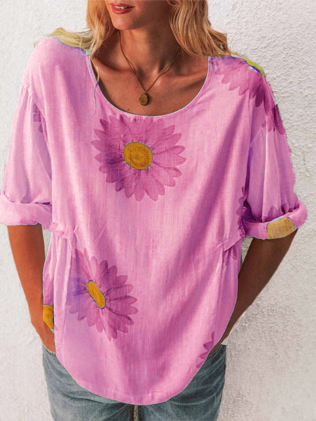 Flower Round Neck Half Sleeve T-Shirt Plus Size