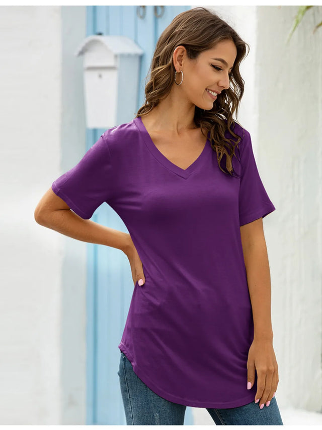Solid V-Neck Short Sleeve T-Shirt Plus Size