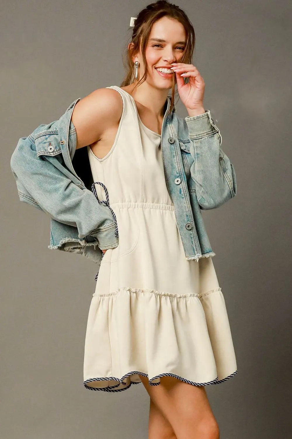 Frill Printed Cap Sleeve Dress with Smocked Detail.