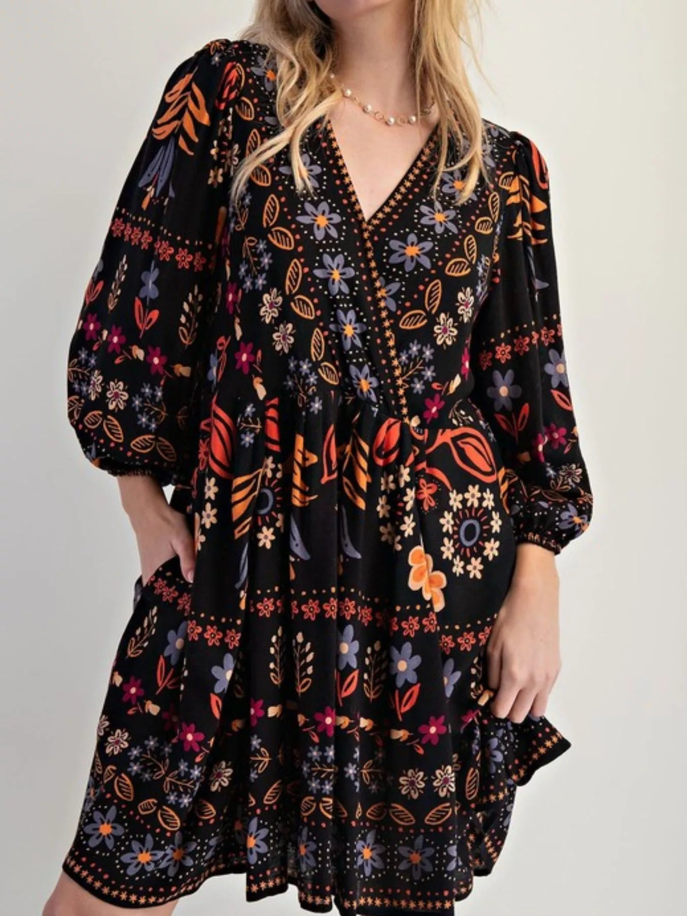 Bohemian Floral Print Long Sleeve Mini Dress with Pockets.