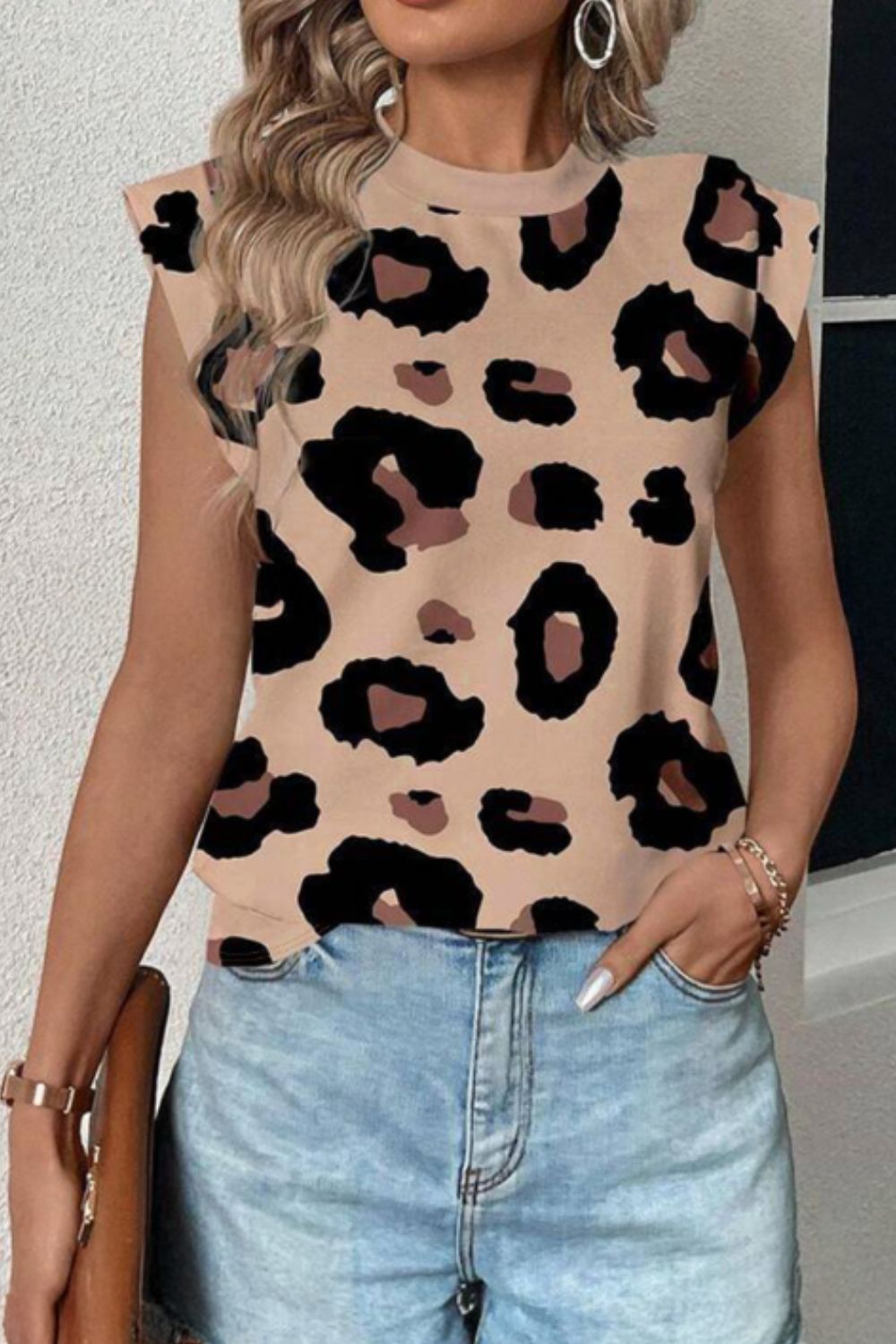 Leopard Round Neck Cap Sleeve T-Shirt