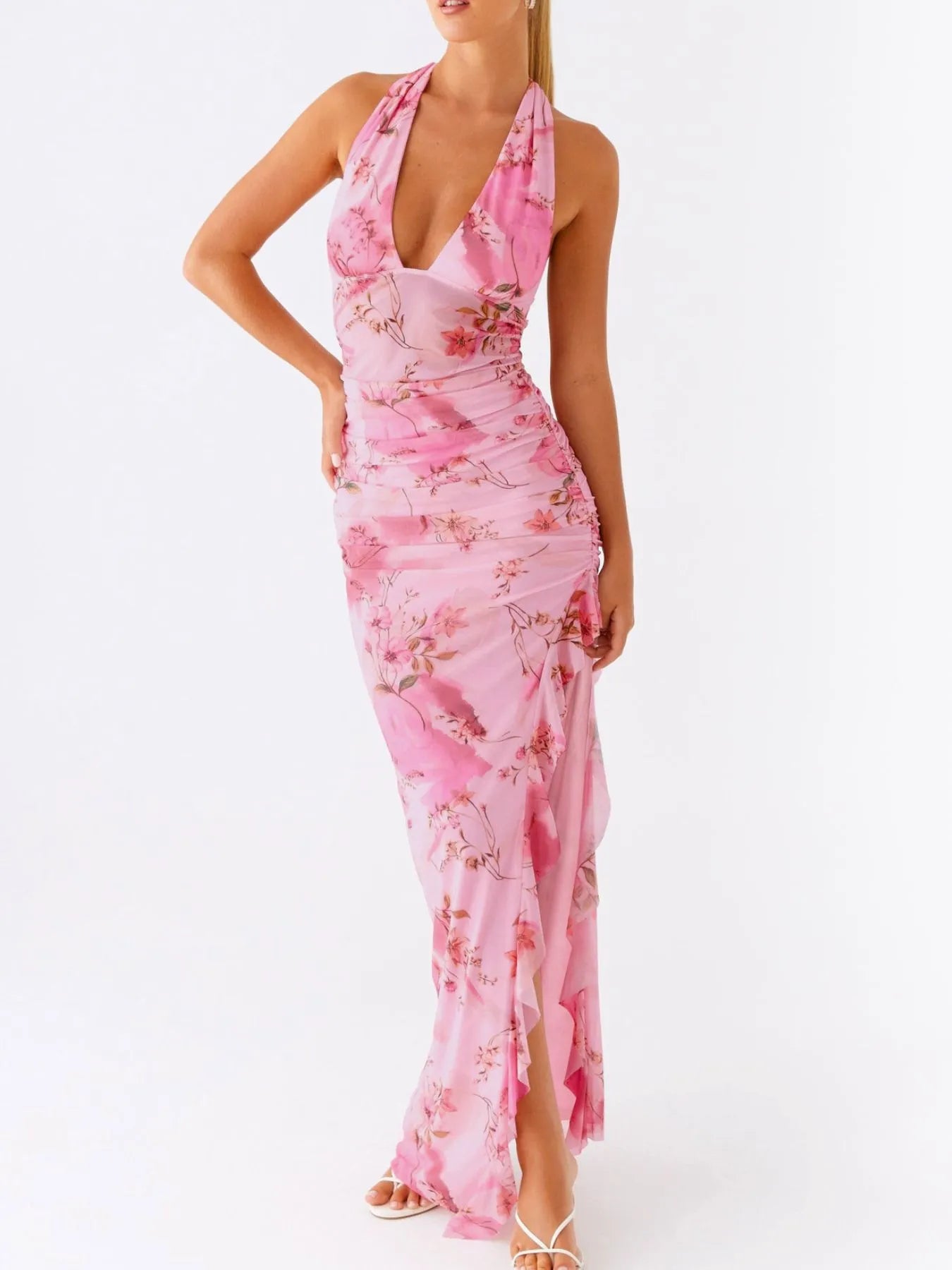 Ruffled Floral V-Neck Cap Sleeve Dress.