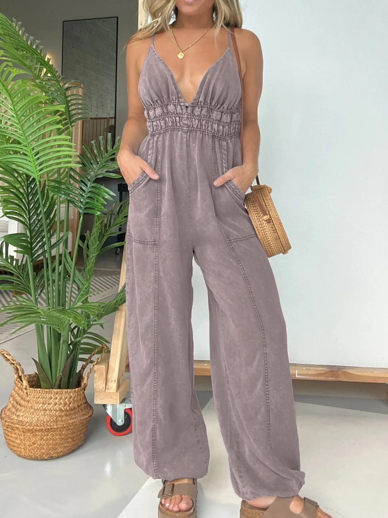 Plus Size Wide Leg Spaghetti Strap Jumpsuit with Pockets and Smocked.