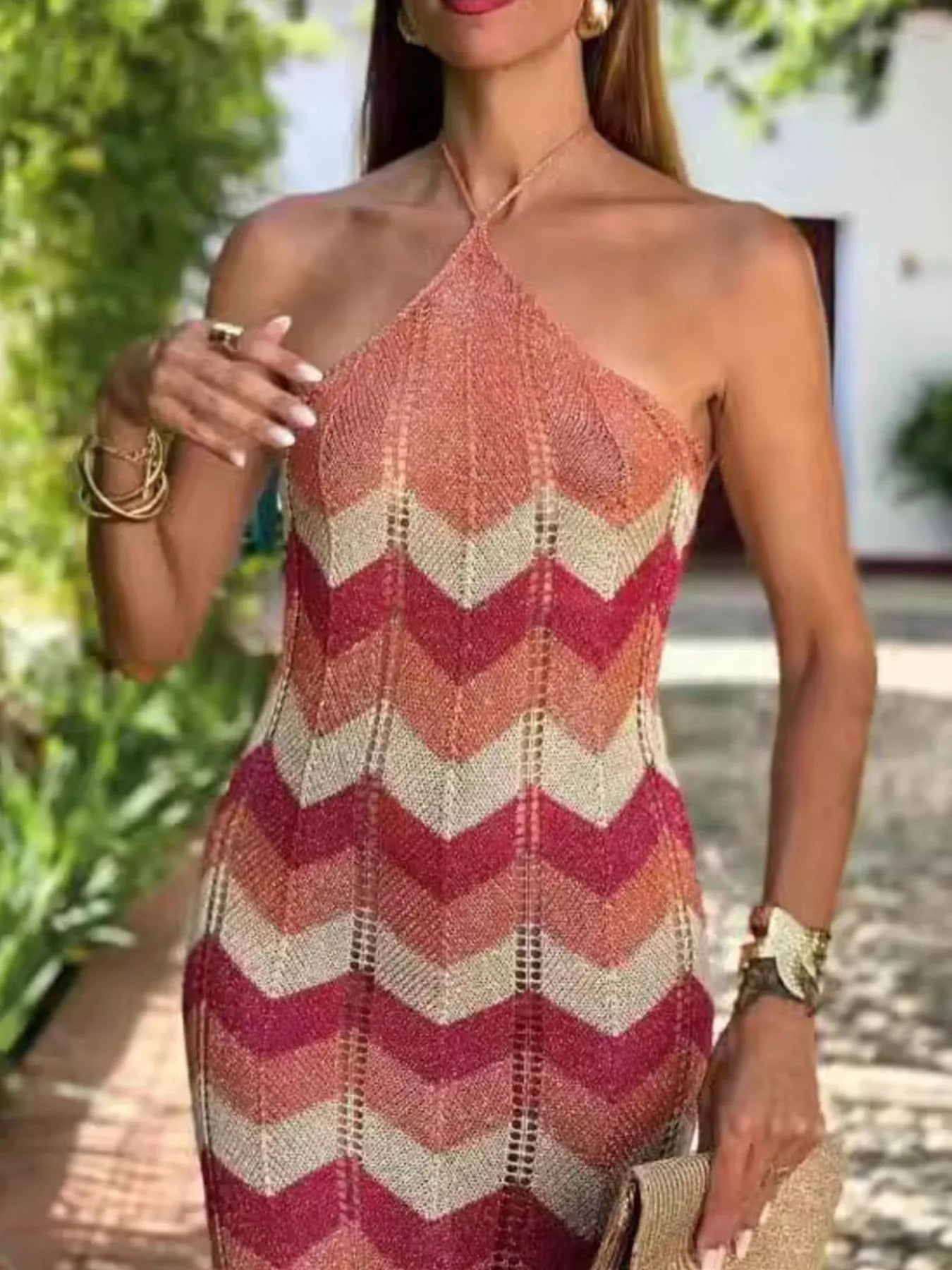 Chevron Pattern Halter Neck Sweater Dress with Slit.