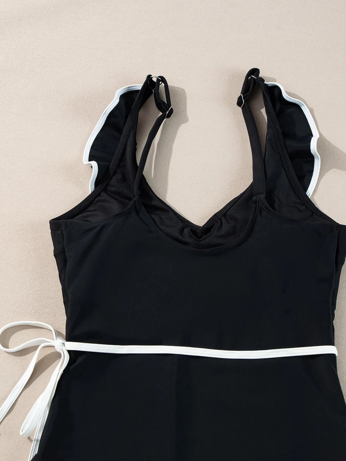 Ruffle Trim V-Neck One-Piece Swimsuit with Removable Padding.