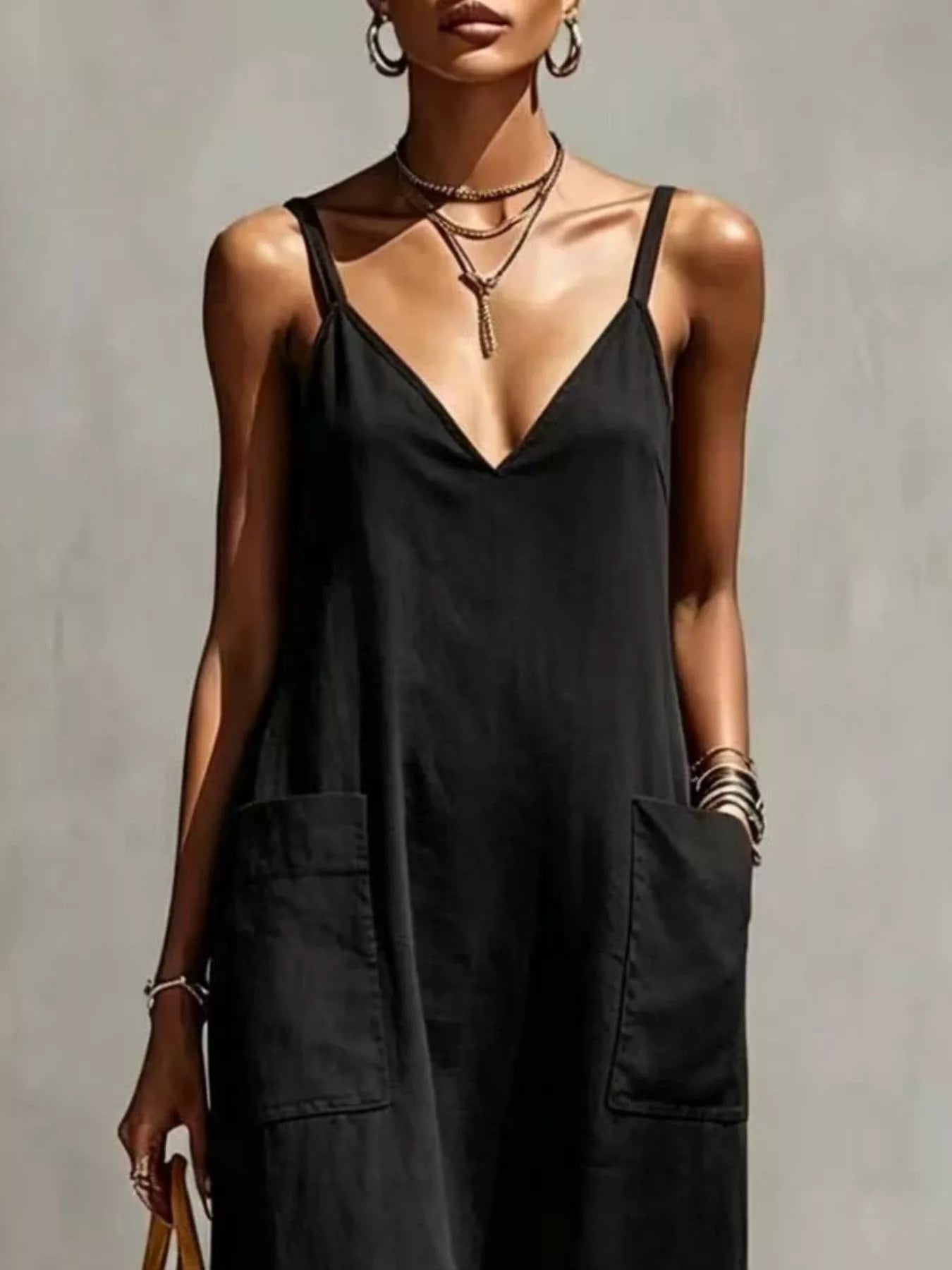 Plus-size V-neck spaghetti strap midi dress with fringe hem and pockets
