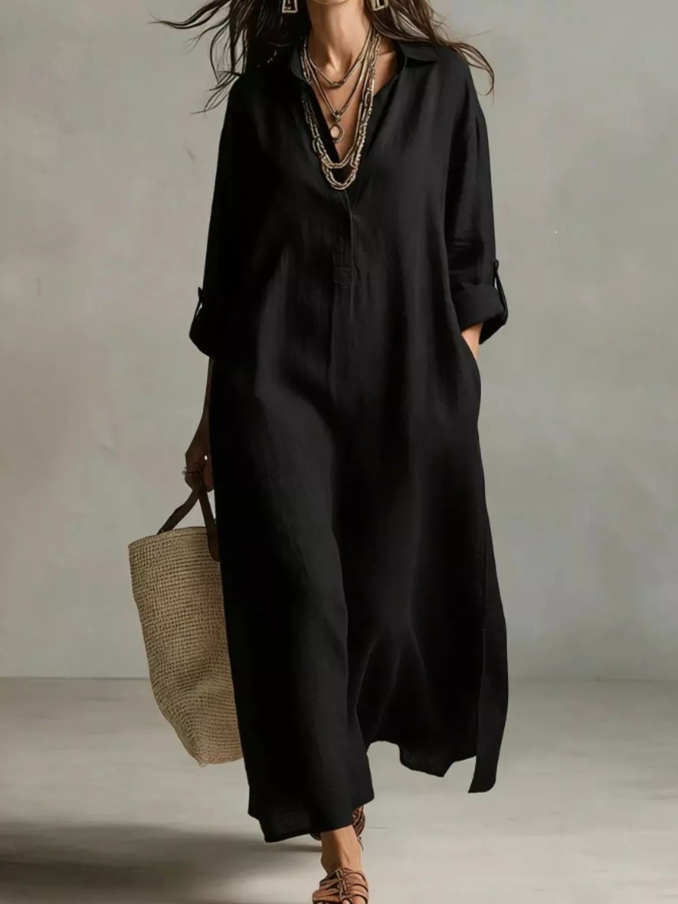 Relaxed plus-size cream midi shirt dress with collar, pockets, button front, and short sleeves