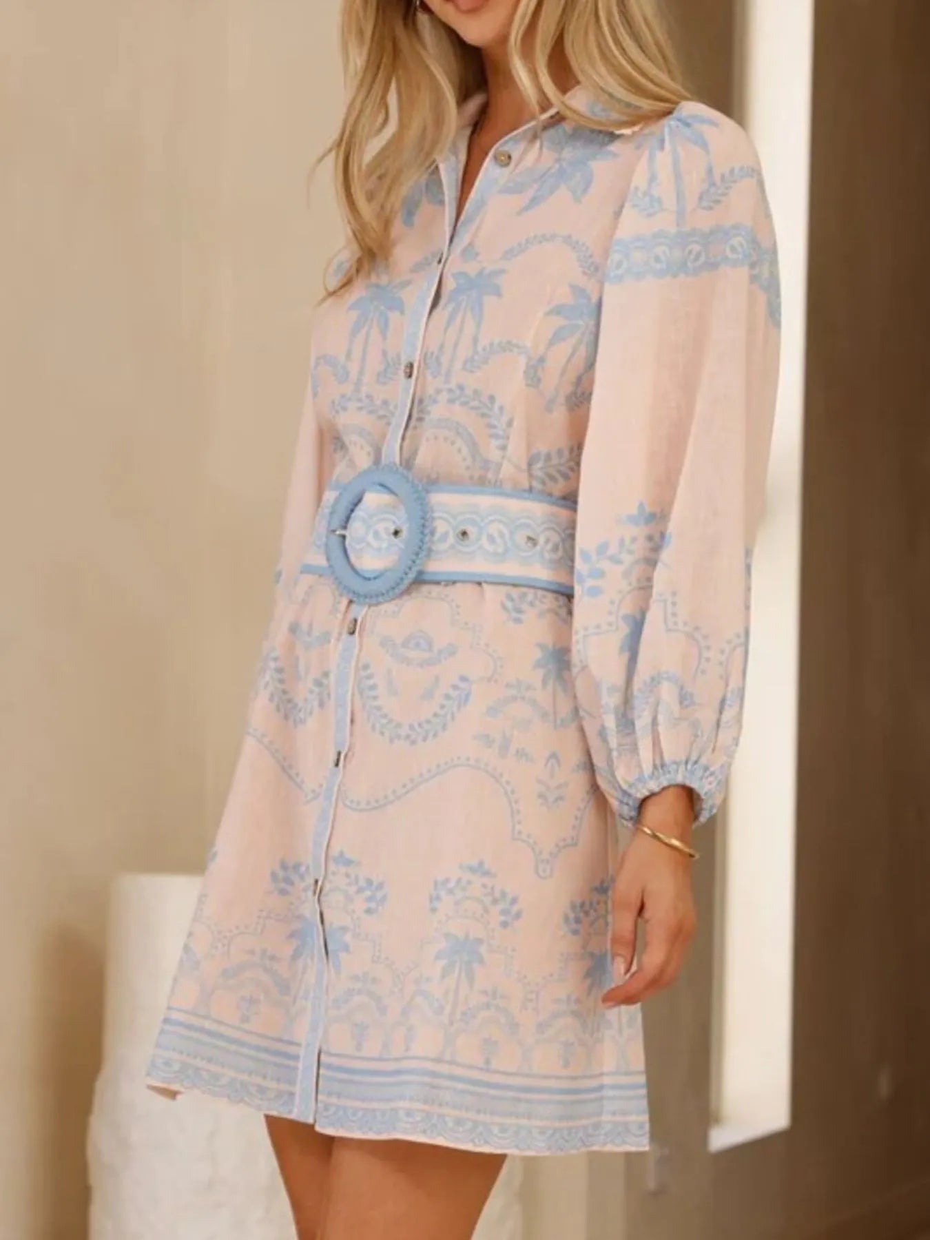 Printed Button Up Maxi Shirt Dress with Belt and Pockets.