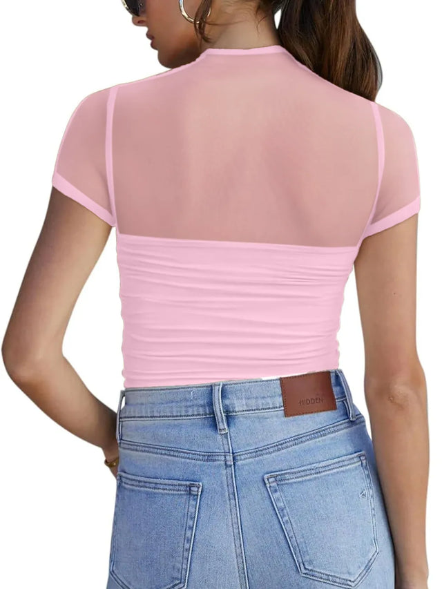 Mesh Mock Neck Short Sleeve T-Shirt