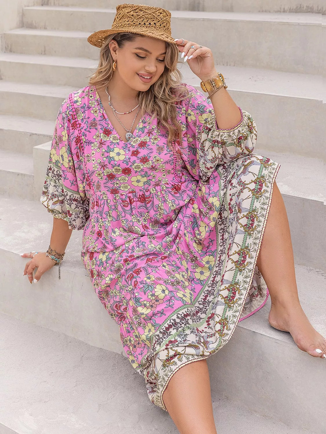 Plus Size Bohemian Floral Tiered Maxi Dress - Basic.