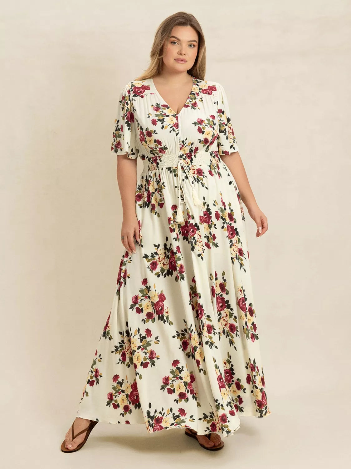 Plus Size Floral Print Maxi Dress with Side Slit and Tied Waist.