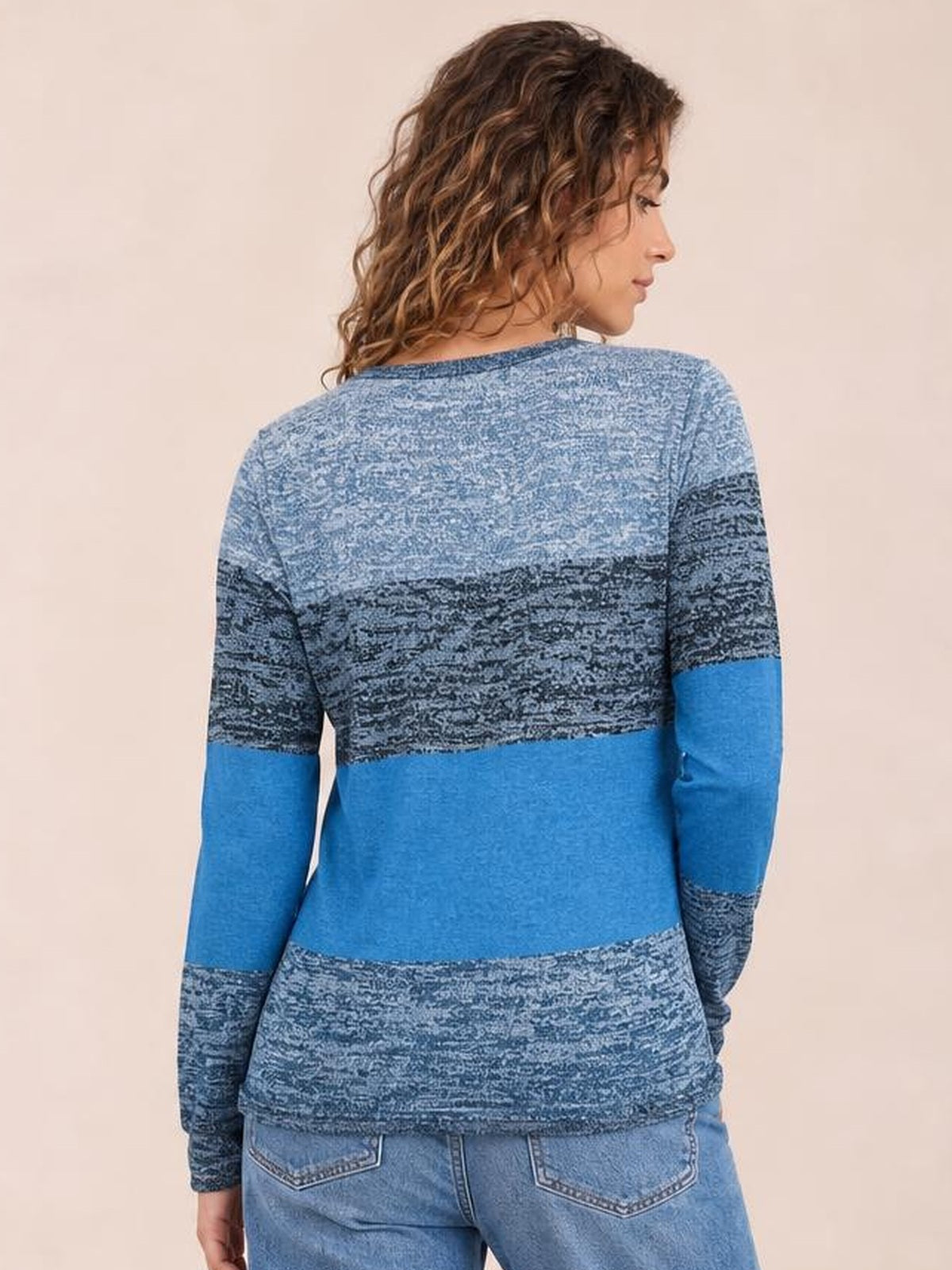 Model shown from behind wearing a blue contrast round-neck long-sleeve T-shirt with textured horizontal color-block panels and a relaxed silhouette.
