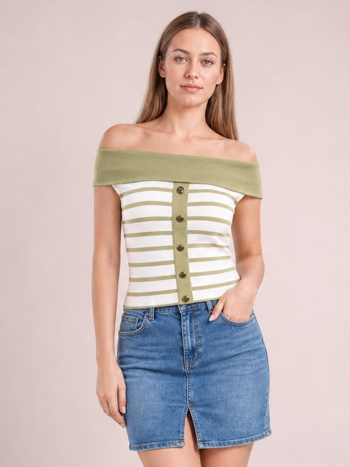 Model wears a white and olive striped knit top with an off-shoulder neckline, decorative front buttons, and a fitted, slightly stretchy silhouette.