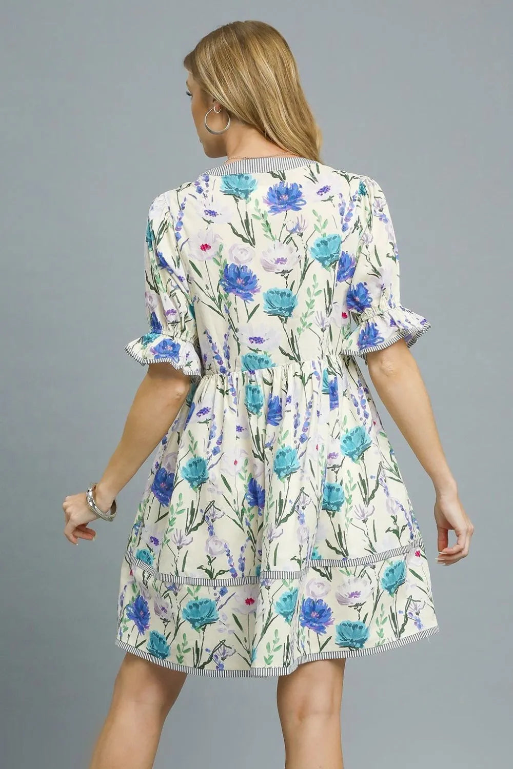 BabyDoll Floral Striped Hem Mini Dress - Lined Cotton.