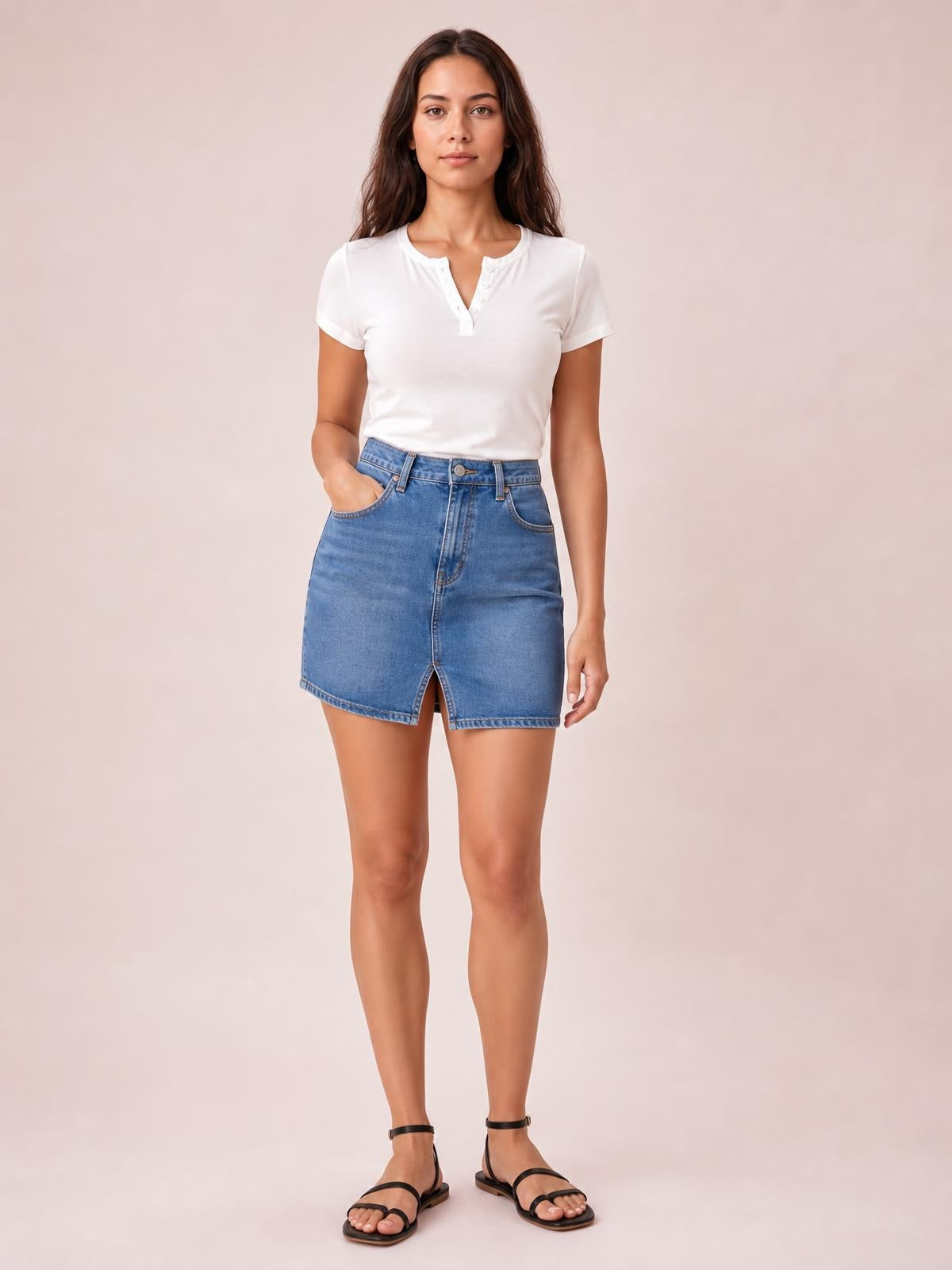 A model stands facing forward with one hand in her pocket, wearing an opaque white button-detail short-sleeve T-shirt with a fitted silhouette and split neckline.